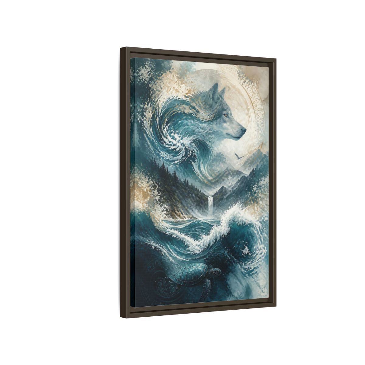 Side Mockup 2. Nature Wolf Blue Wolf Nature shown as stretched canvas wall art