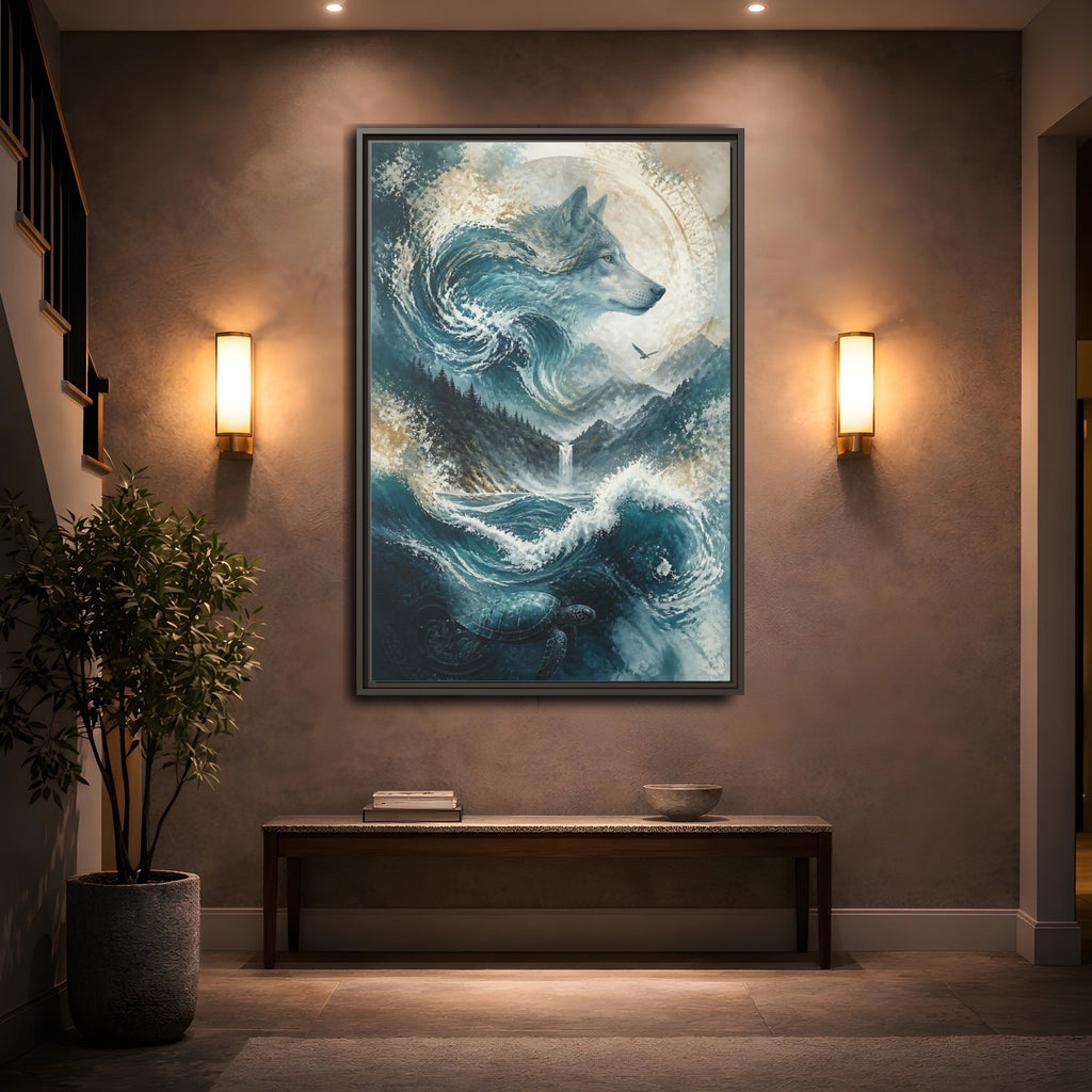 Mockup 2. Nature Wolf Blue Wolf Nature shown as stretched canvas wall art