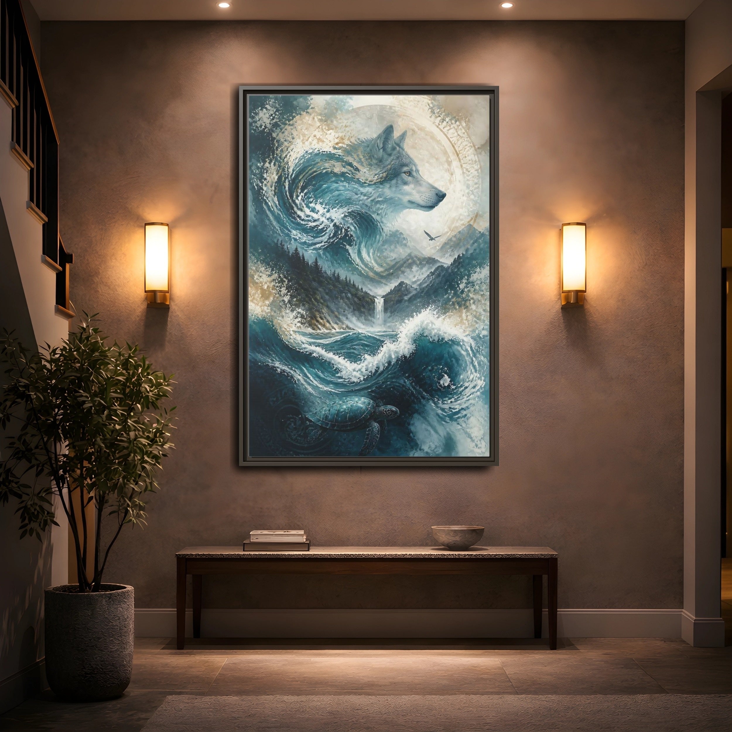 Mockup 2. Nature Wolf Blue Wolf Nature shown as stretched canvas wall art