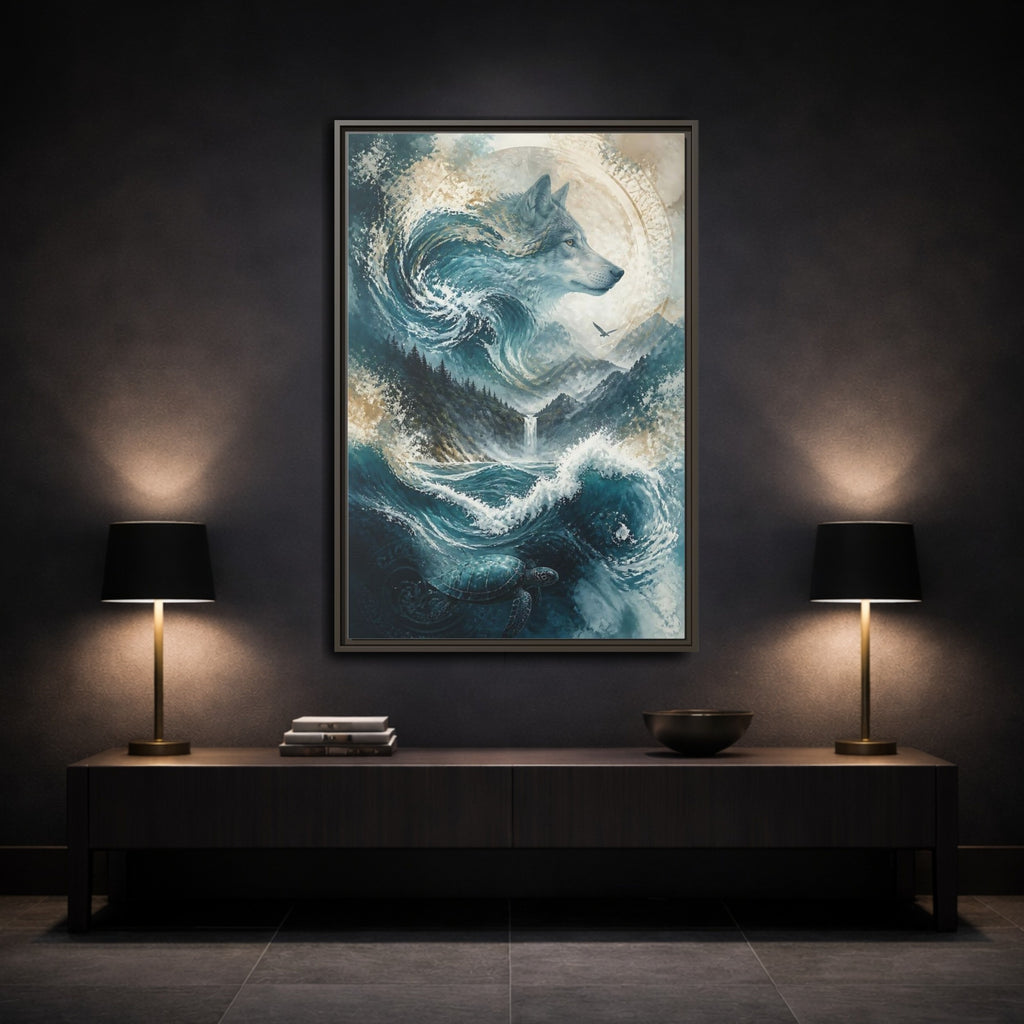 Mockup 3. Nature Wolf Blue Wolf Nature shown as stretched canvas wall art