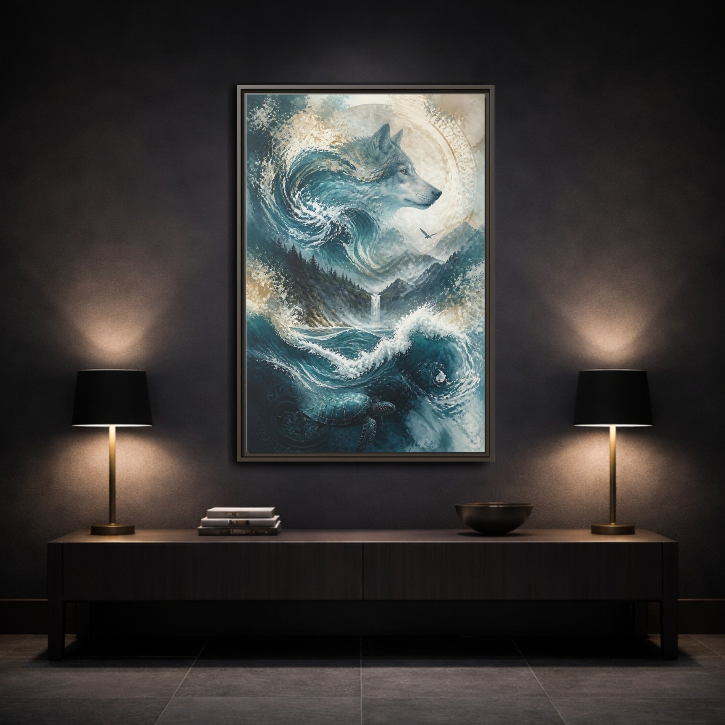 Mockup 3. Nature Wolf Blue Wolf Nature shown as stretched canvas wall art