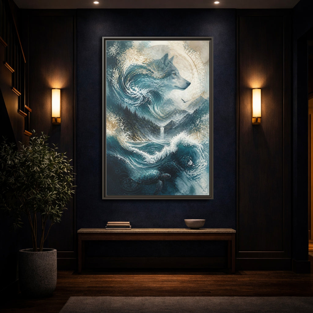 Mockup 4. Nature Wolf Blue Wolf Nature shown as stretched canvas wall art