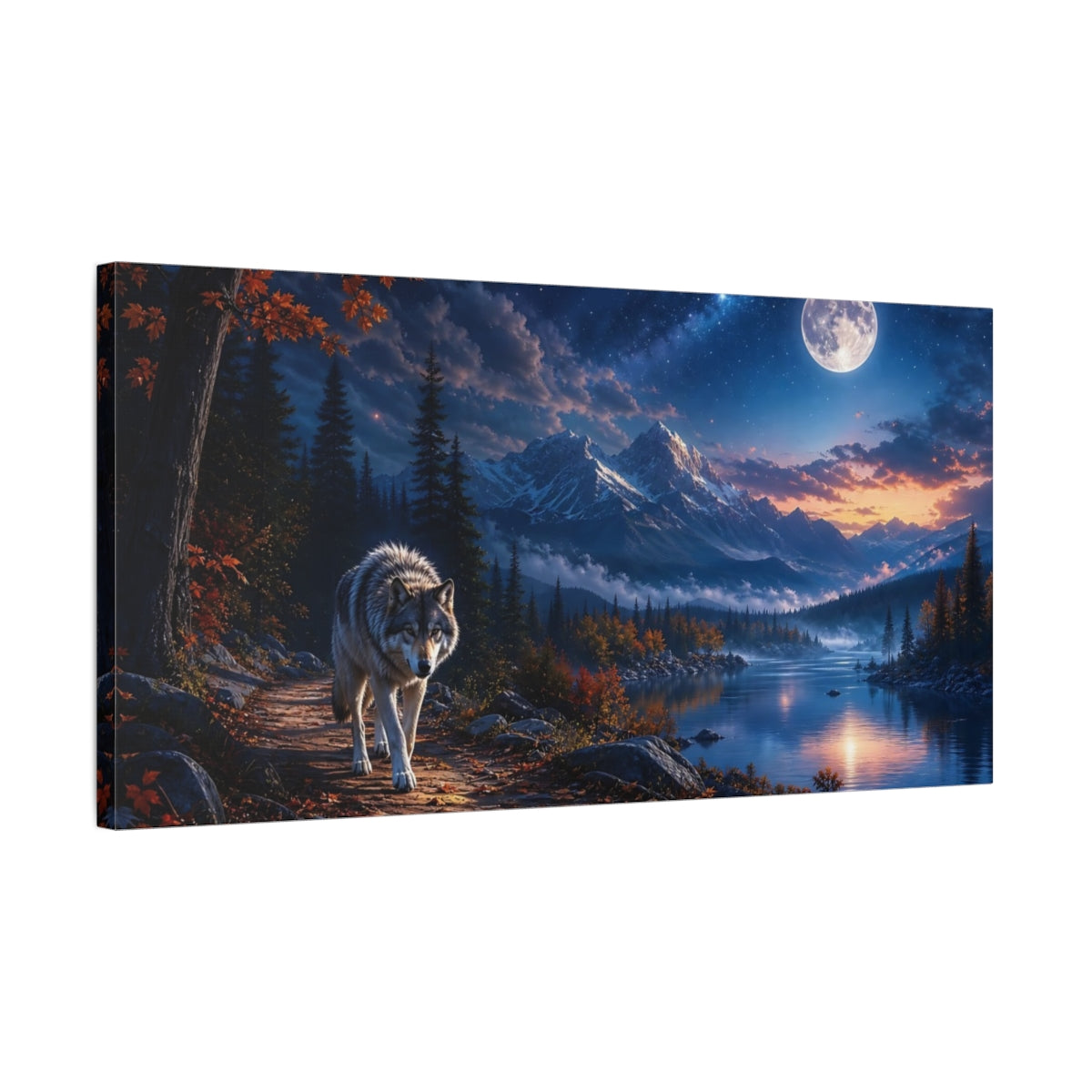 Side Mockup 1. Nature Wolf Moonlit Wolf shown as stretched canvas wall art