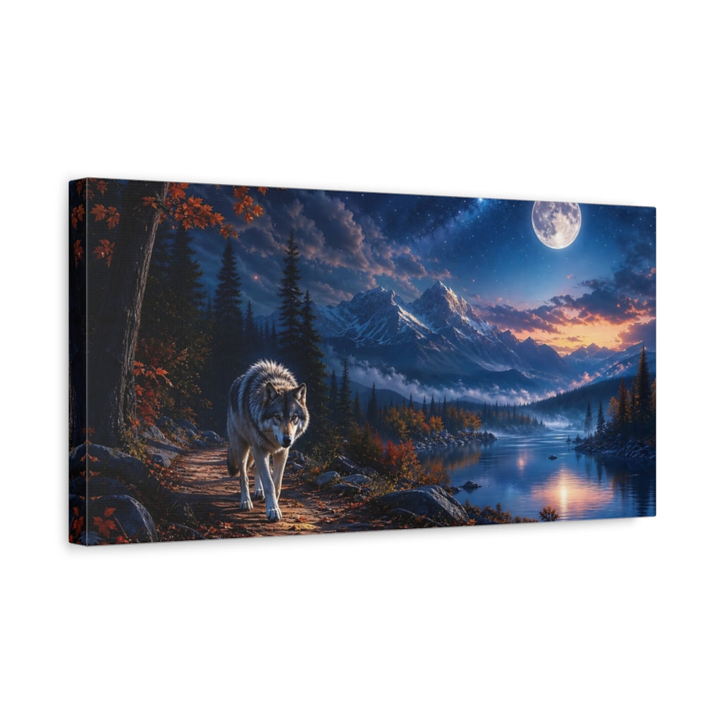 Side Mockup 3. Nature Wolf Moonlit Wolf shown as stretched canvas wall art