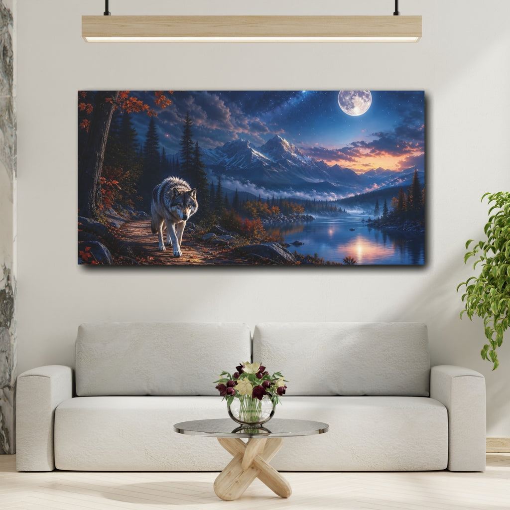 Mockup 2. Nature Wolf Moonlit Wolf shown as stretched canvas wall art