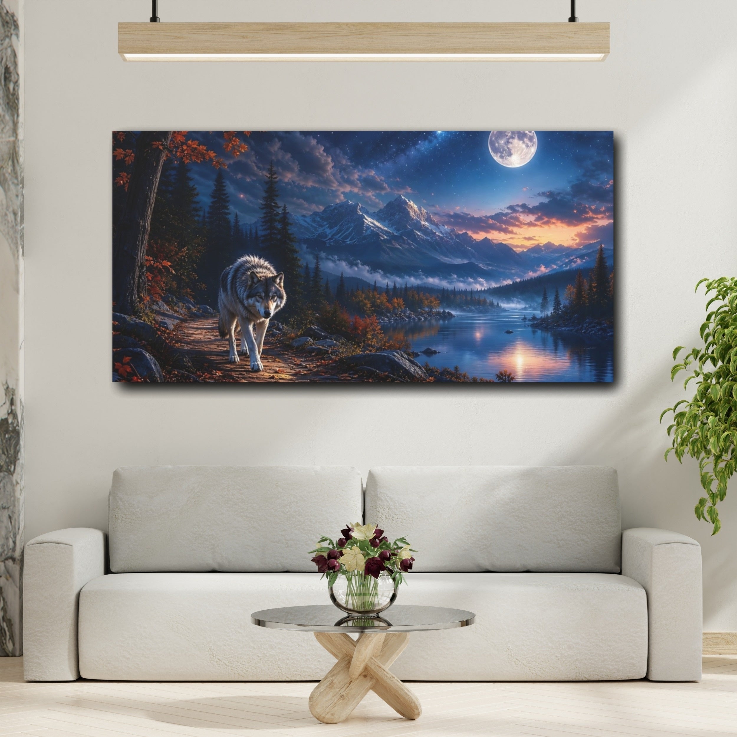 Mockup 2. Nature Wolf Moonlit Wolf shown as stretched canvas wall art