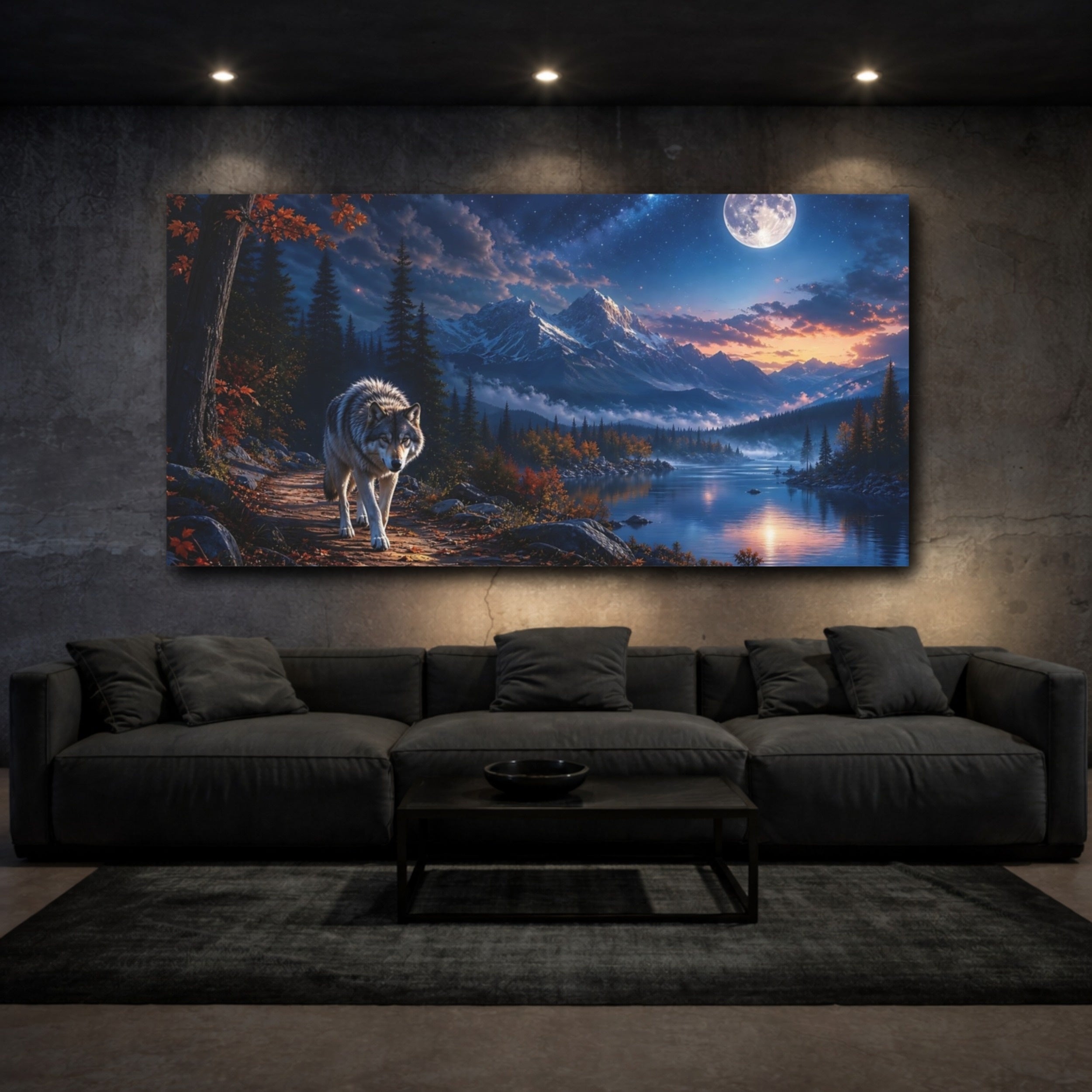 Mockup 3. Nature Wolf Moonlit Wolf shown as stretched canvas wall art