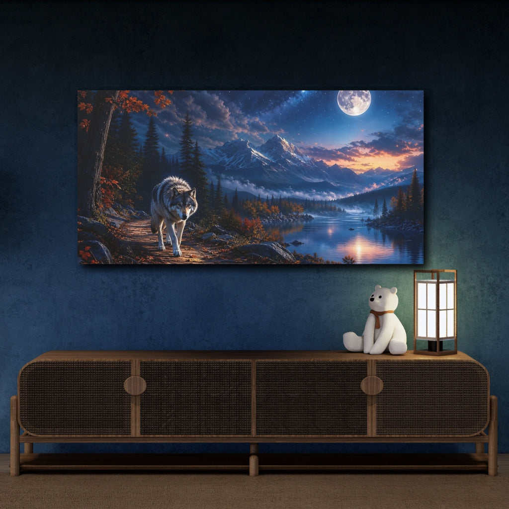 Mockup 4. Nature Wolf Moonlit Wolf shown as stretched canvas wall art