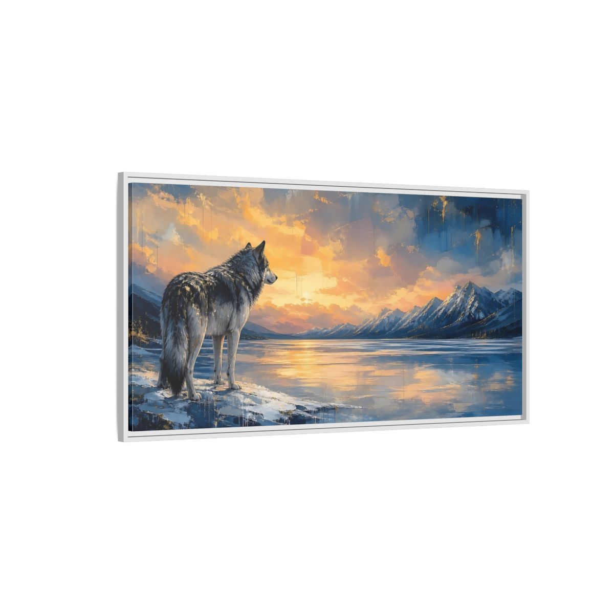 Side Mockup 3. Nature Wolf Wolf Sunset Gold shown as stretched canvas wall art