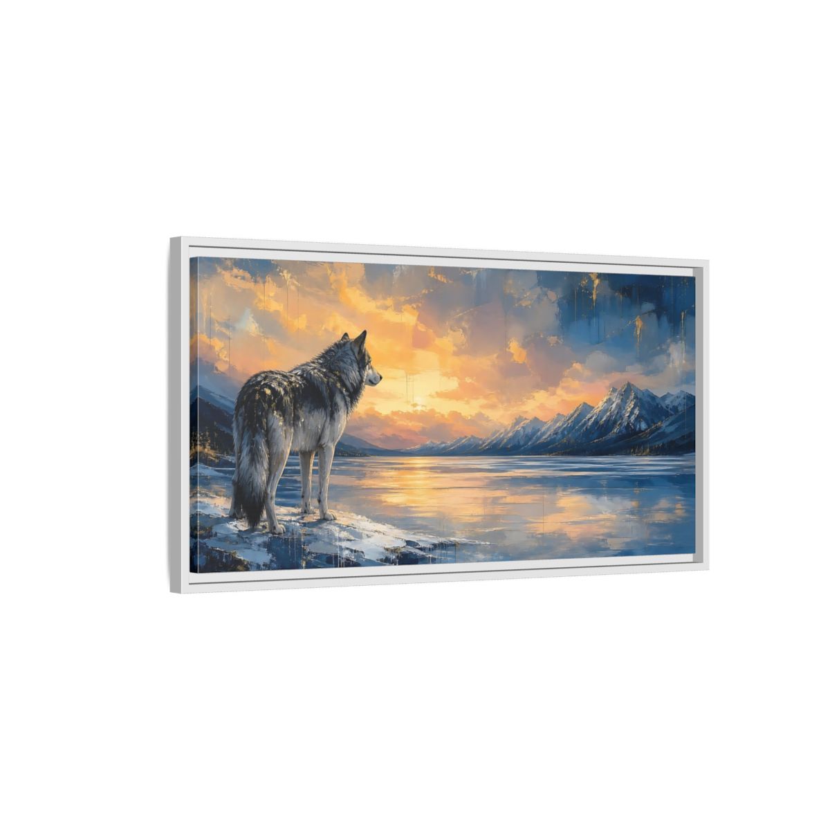 Side Mockup 1. Nature Wolf Wolf Sunset Gold shown as stretched canvas wall art