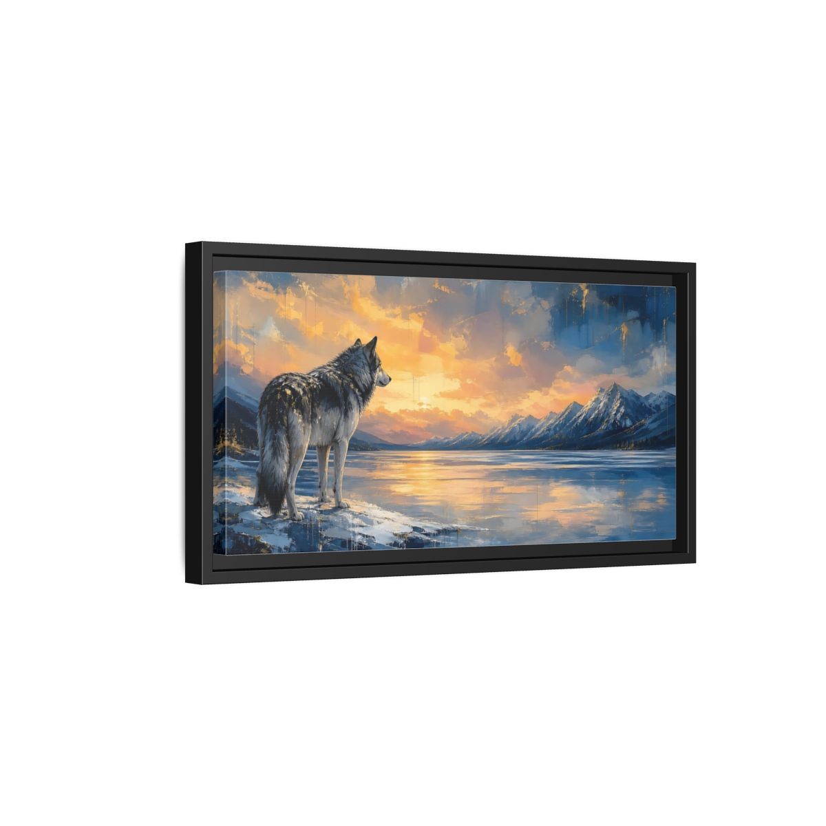 Side Mockup 8. Nature Wolf Wolf Sunset Gold shown as stretched canvas wall art