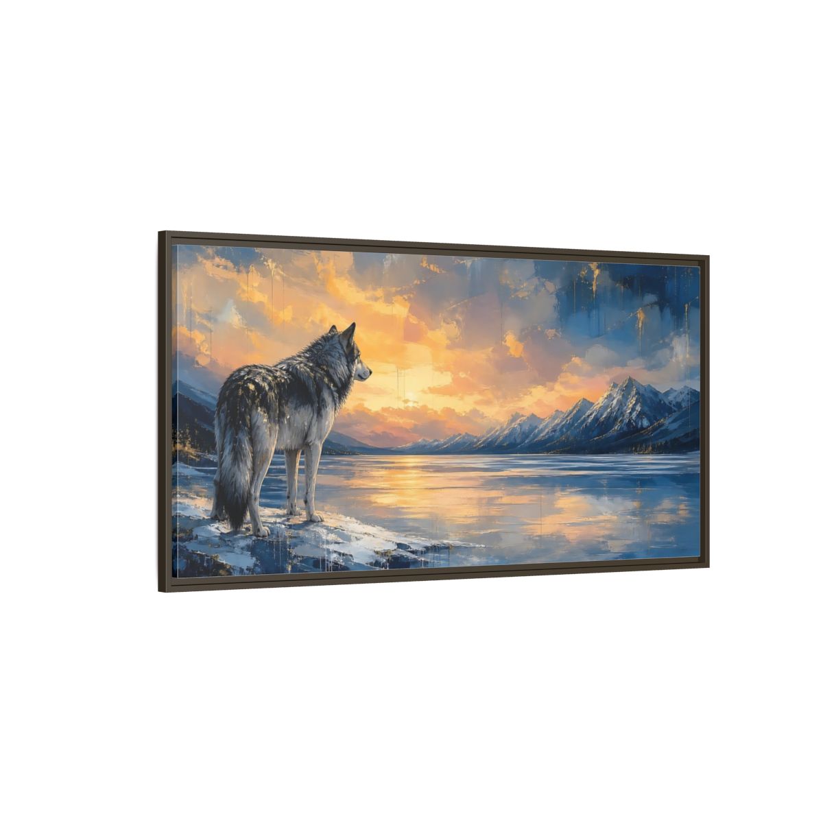 Side Mockup 4. Nature Wolf Wolf Sunset Gold shown as stretched canvas wall art