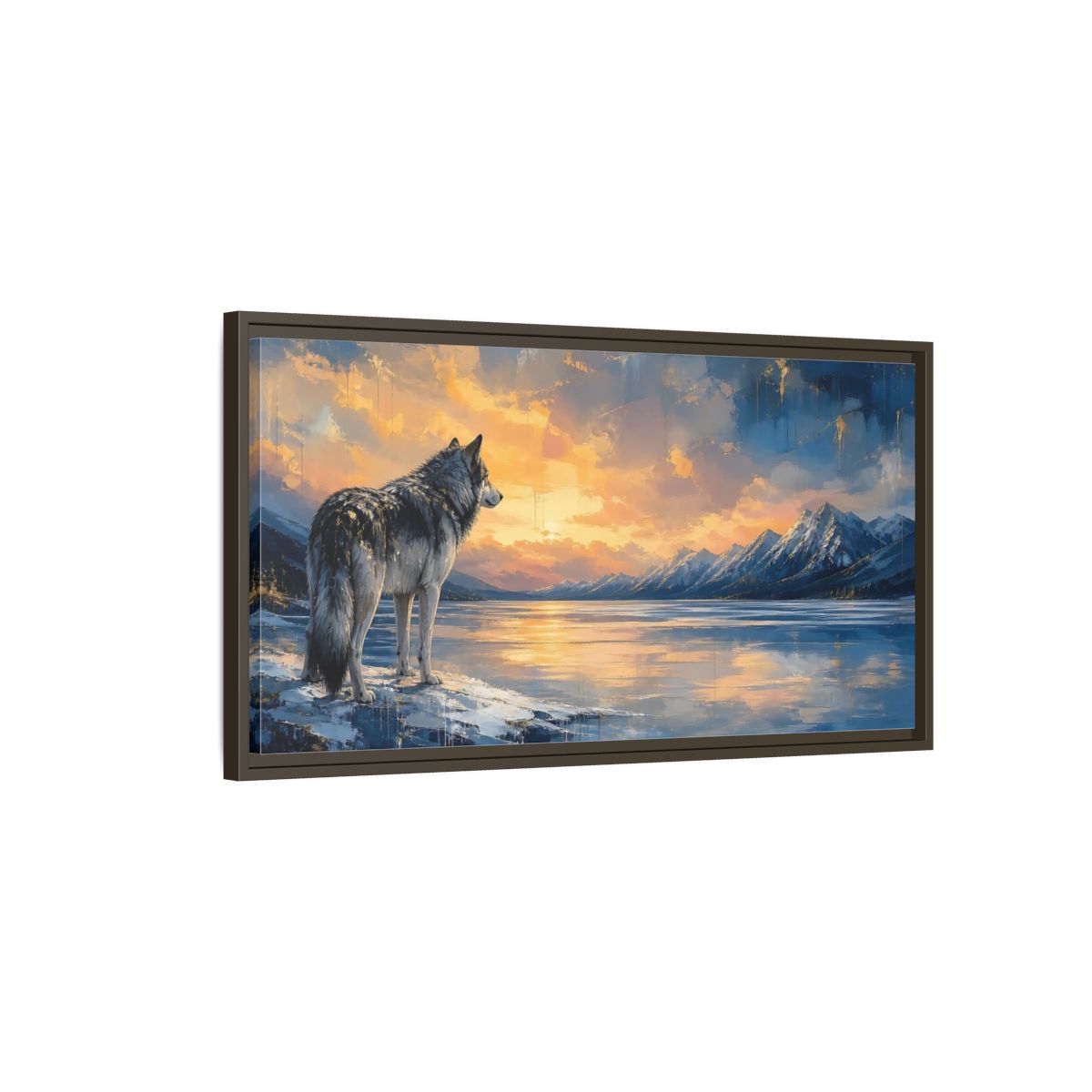 Main Mockup. Nature Wolf Wolf Sunset Gold shown as stretched canvas wall art