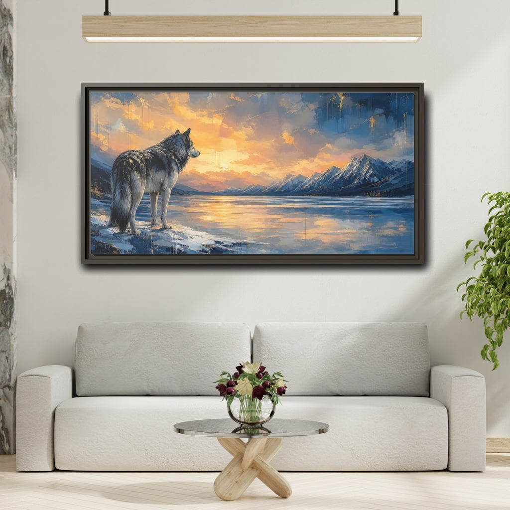 Mockup 2. Nature Wolf Wolf Sunset Gold shown as stretched canvas wall art