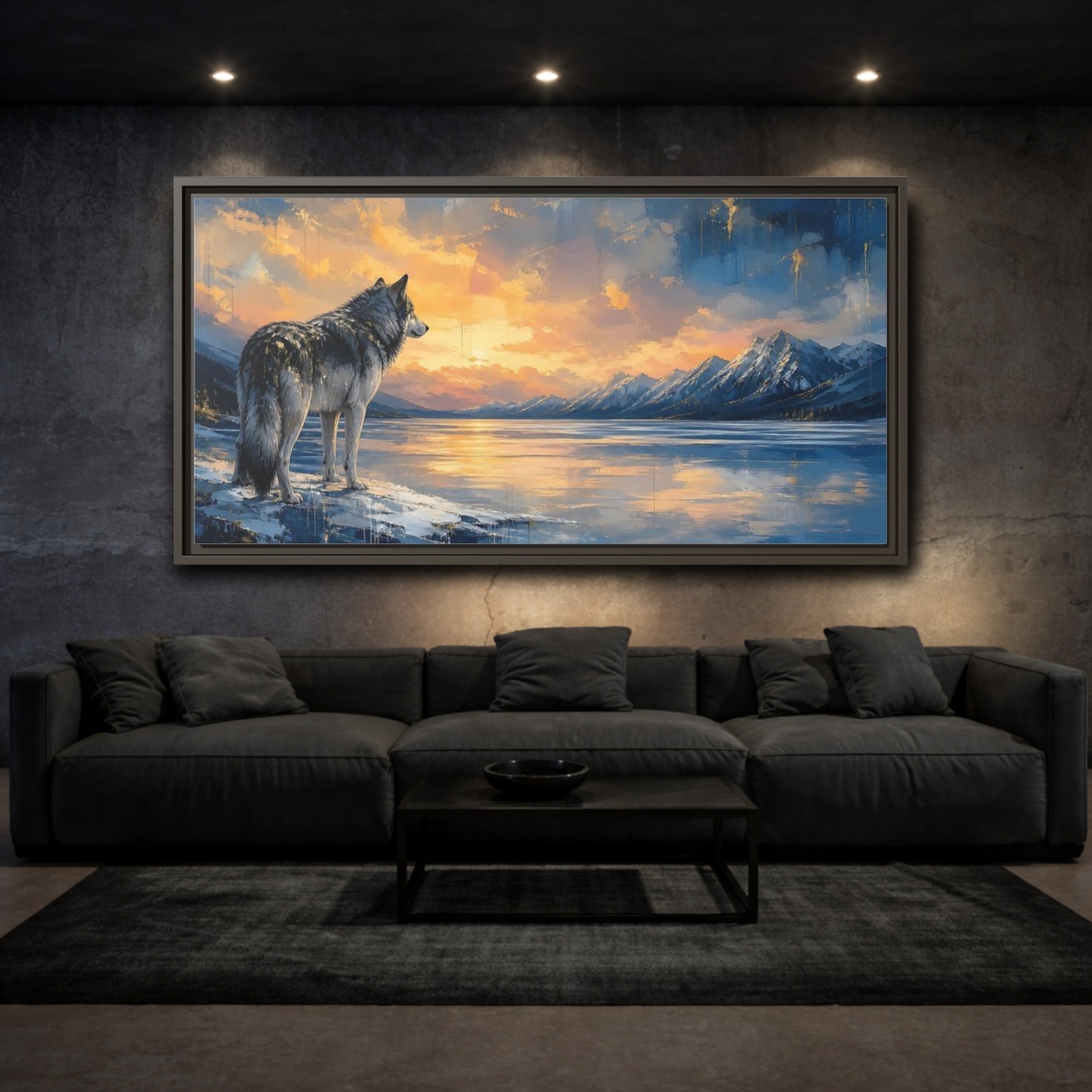 Mockup 3. Nature Wolf Wolf Sunset Gold shown as stretched canvas wall art