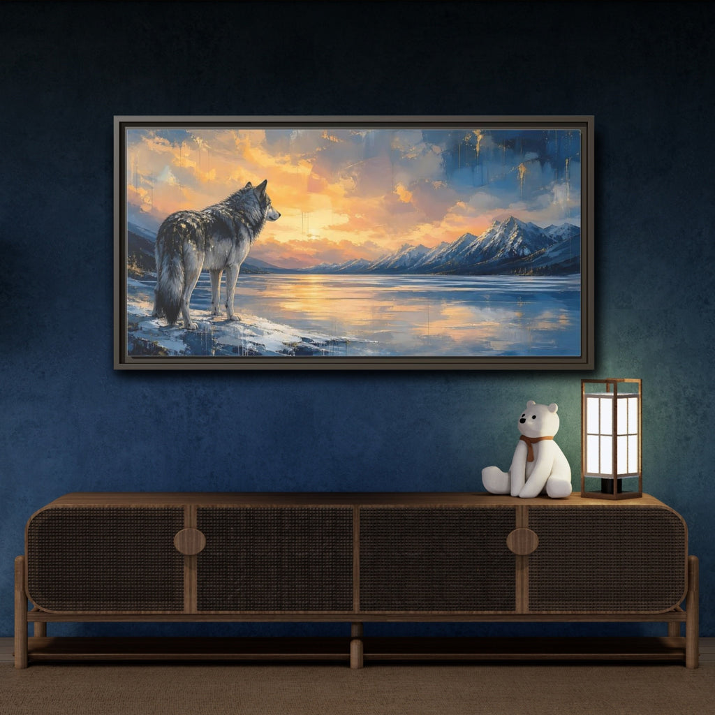Mockup 4. Nature Wolf Wolf Sunset Gold shown as stretched canvas wall art