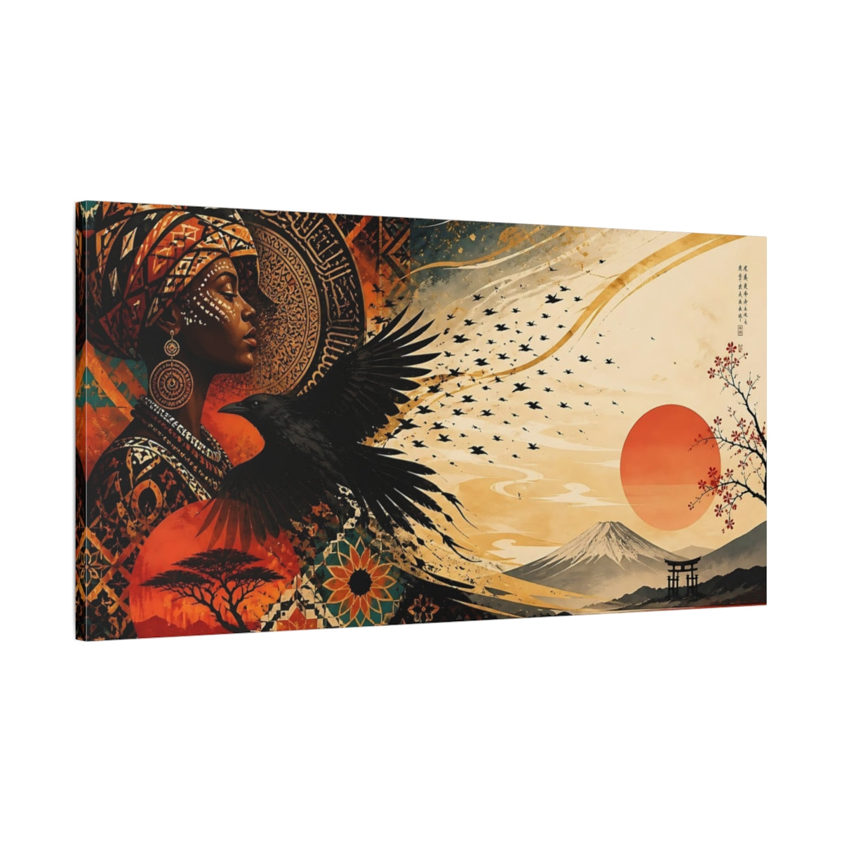 Main Mockup. Nature Woman Raven Orange Teal Gold shown as stretched canvas wall art