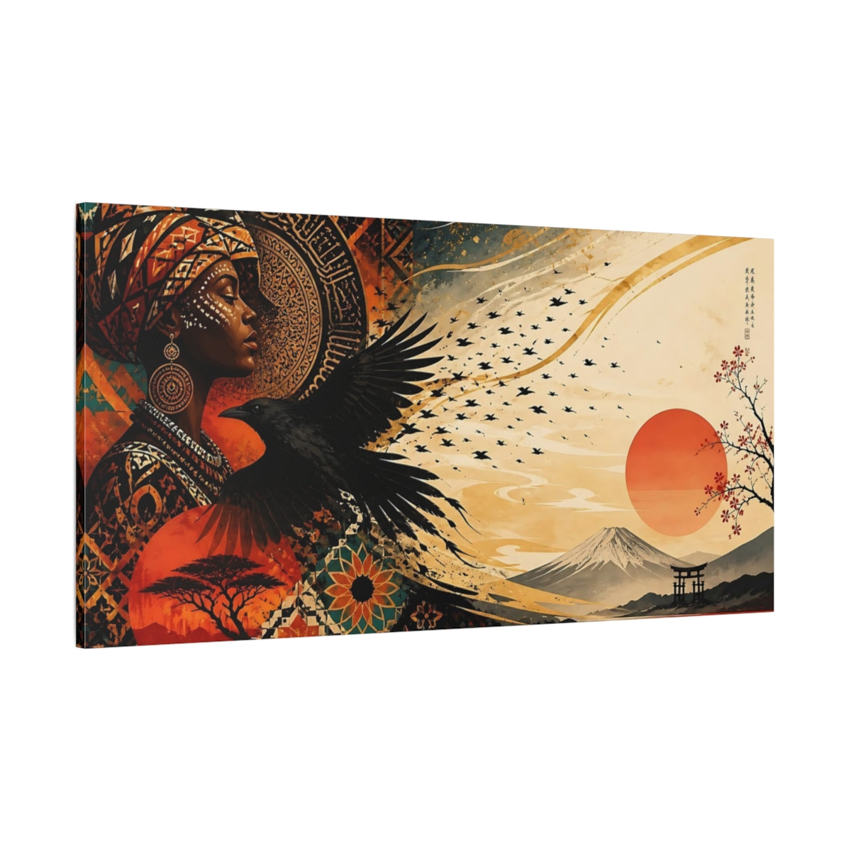 Side Mockup 2. Nature Woman Raven Orange Teal Gold shown as stretched canvas wall art