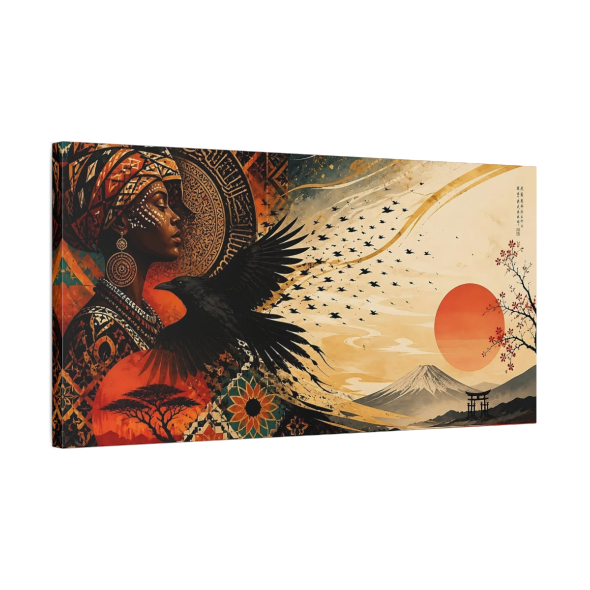 Side Mockup 1. Nature Woman Raven Orange Teal Gold shown as stretched canvas wall art