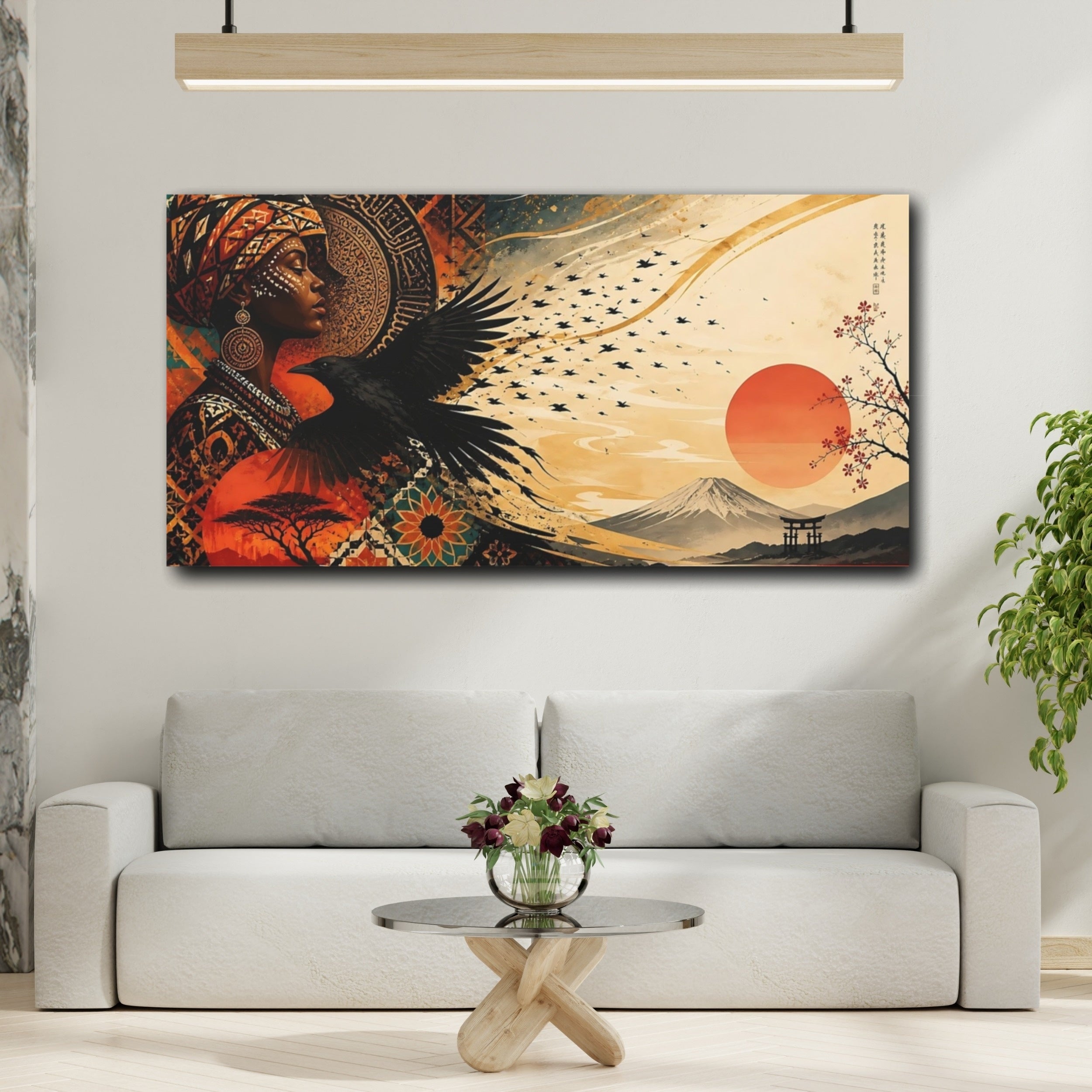 Mockup 2. Nature Woman Raven Orange Teal Gold shown as stretched canvas wall art
