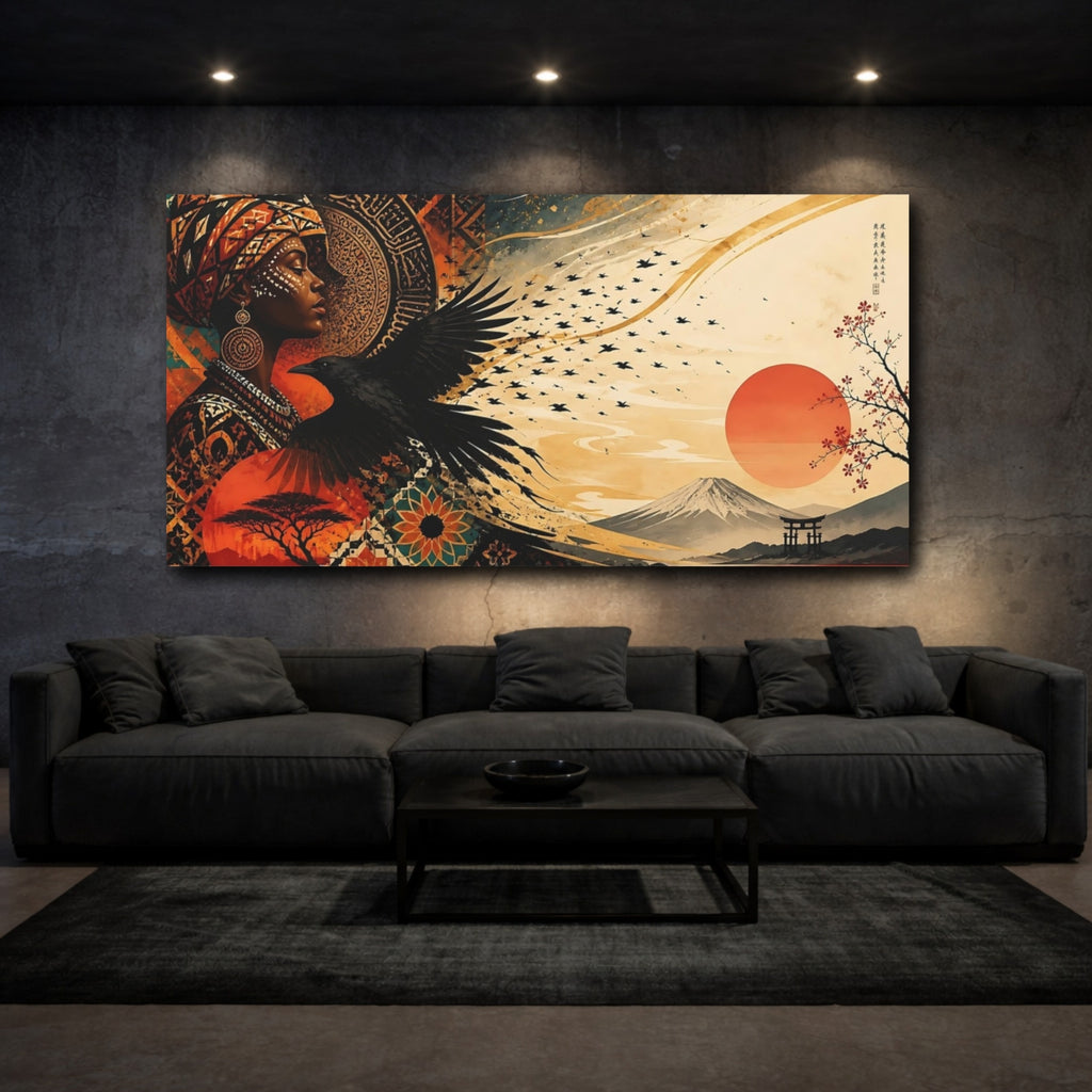Mockup 3. Nature Woman Raven Orange Teal Gold shown as stretched canvas wall art