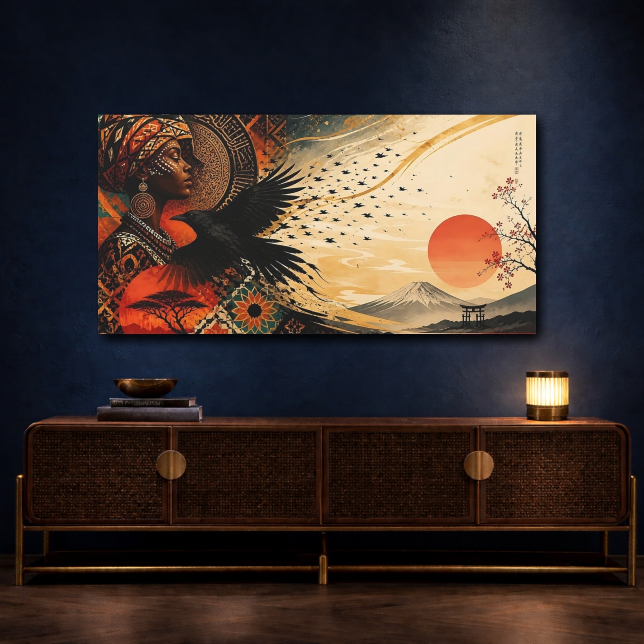 Mockup 4. Nature Woman Raven Orange Teal Gold shown as stretched canvas wall art