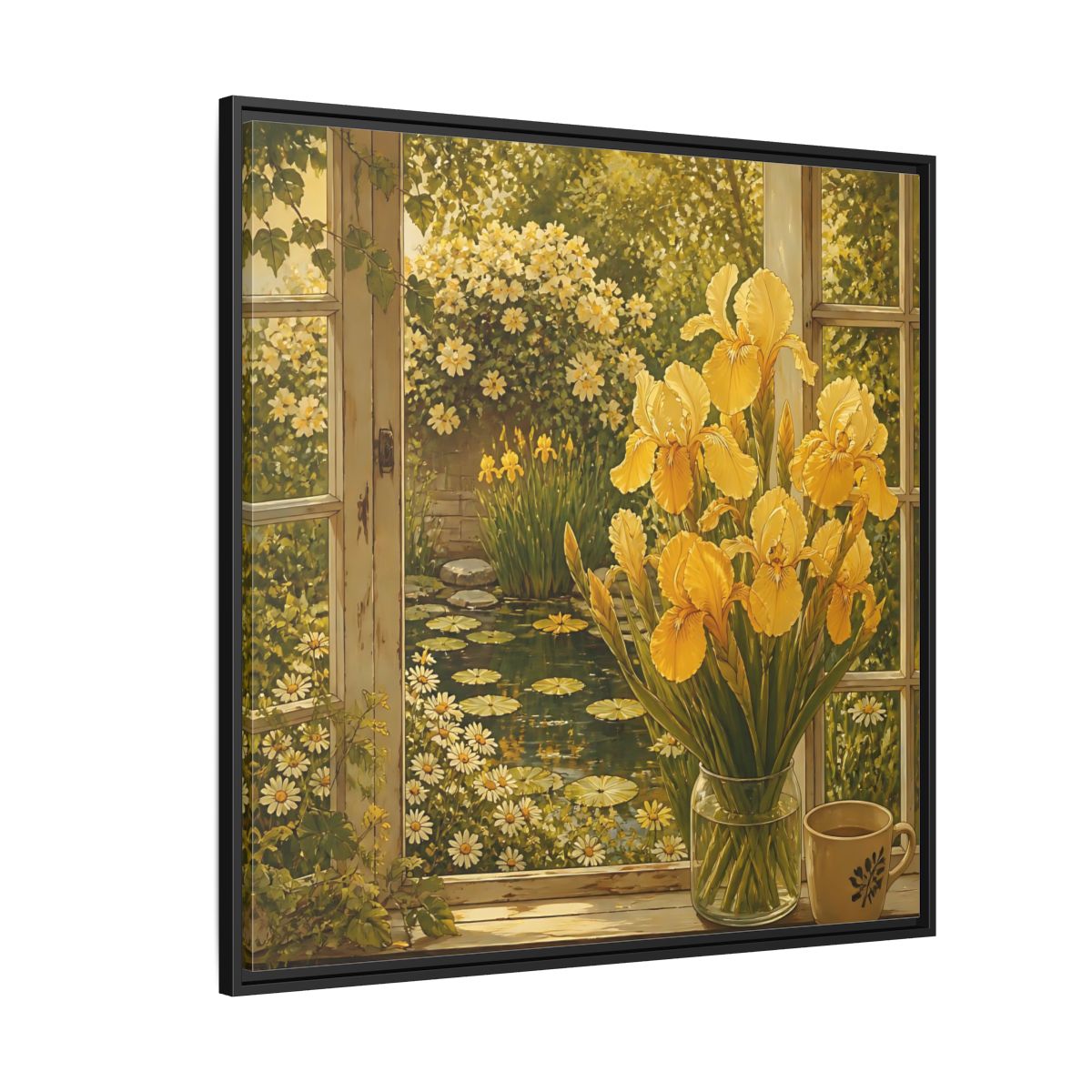 Side Mockup 6. Nature Yellow Irises Yellow Garden Scene shown as stretched canvas wall art