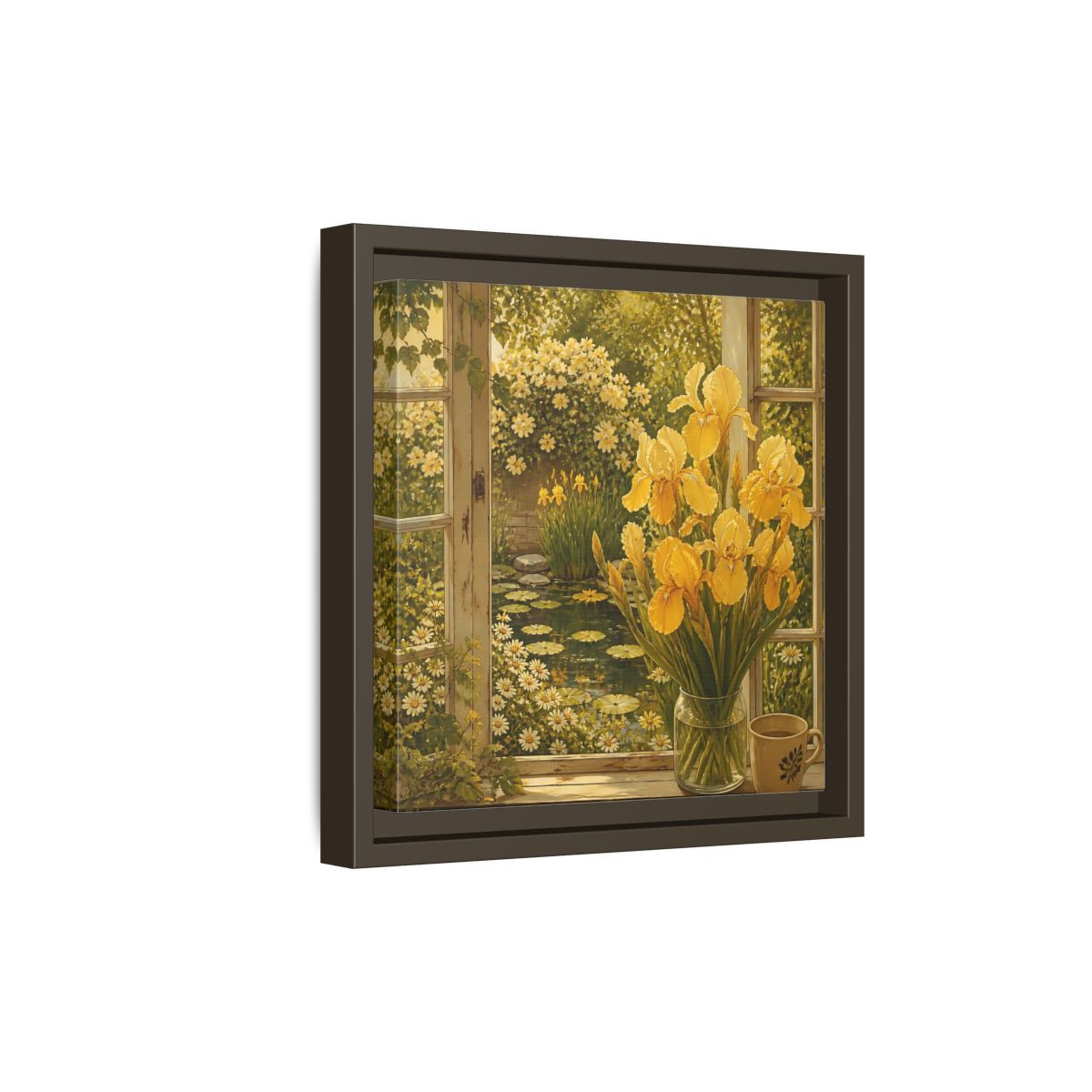 Side Mockup 20. Nature Yellow Irises Yellow Garden Scene shown as stretched canvas wall art