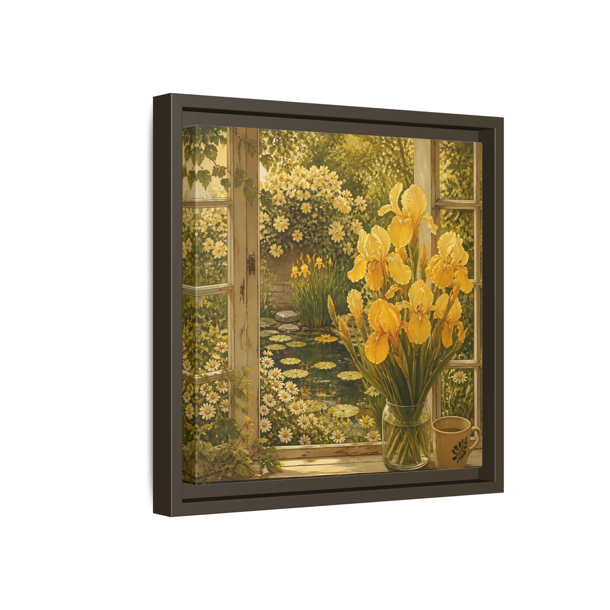 Side Mockup 17. Nature Yellow Irises Yellow Garden Scene shown as stretched canvas wall art