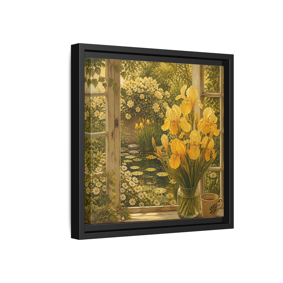 Side Mockup 18. Nature Yellow Irises Yellow Garden Scene shown as stretched canvas wall art