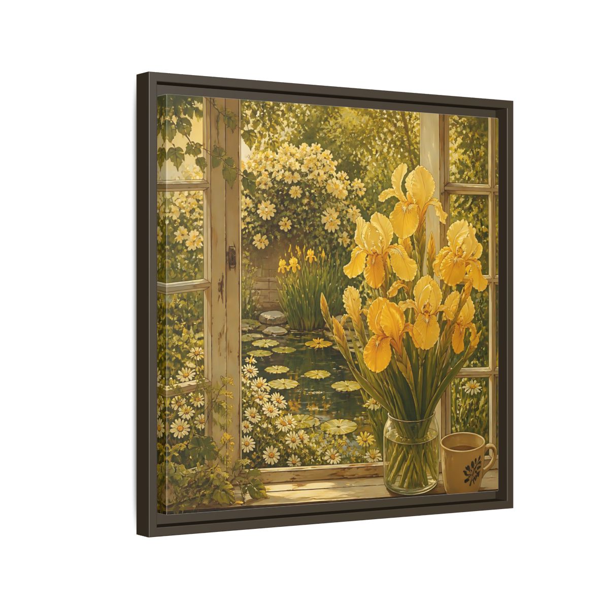 Side Mockup 11. Nature Yellow Irises Yellow Garden Scene shown as stretched canvas wall art