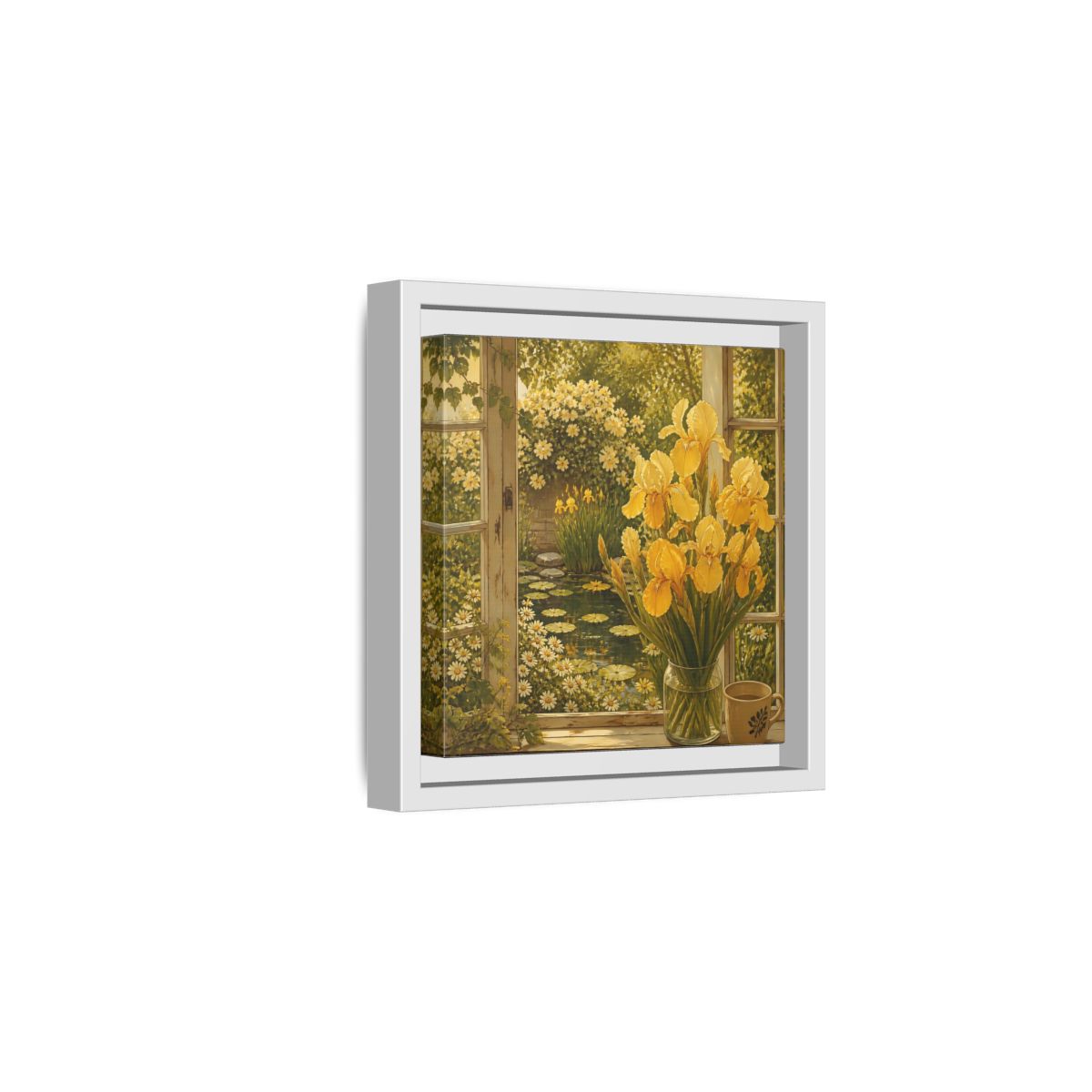 Side Mockup 1. Nature Yellow Irises Yellow Garden Scene shown as stretched canvas wall art