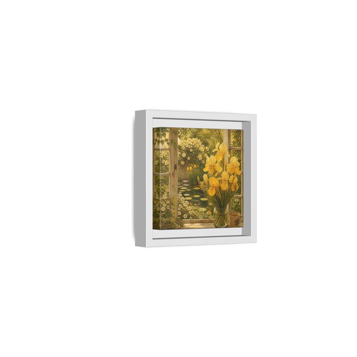 Side Mockup 22. Nature Yellow Irises Yellow Garden Scene shown as stretched canvas wall art