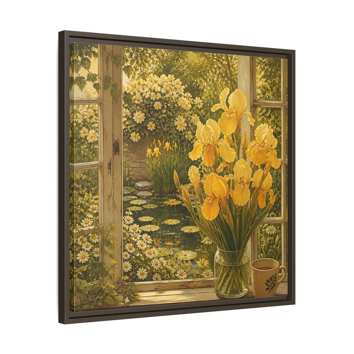 Side Mockup 27. Nature Yellow Irises Yellow Garden Scene shown as stretched canvas wall art