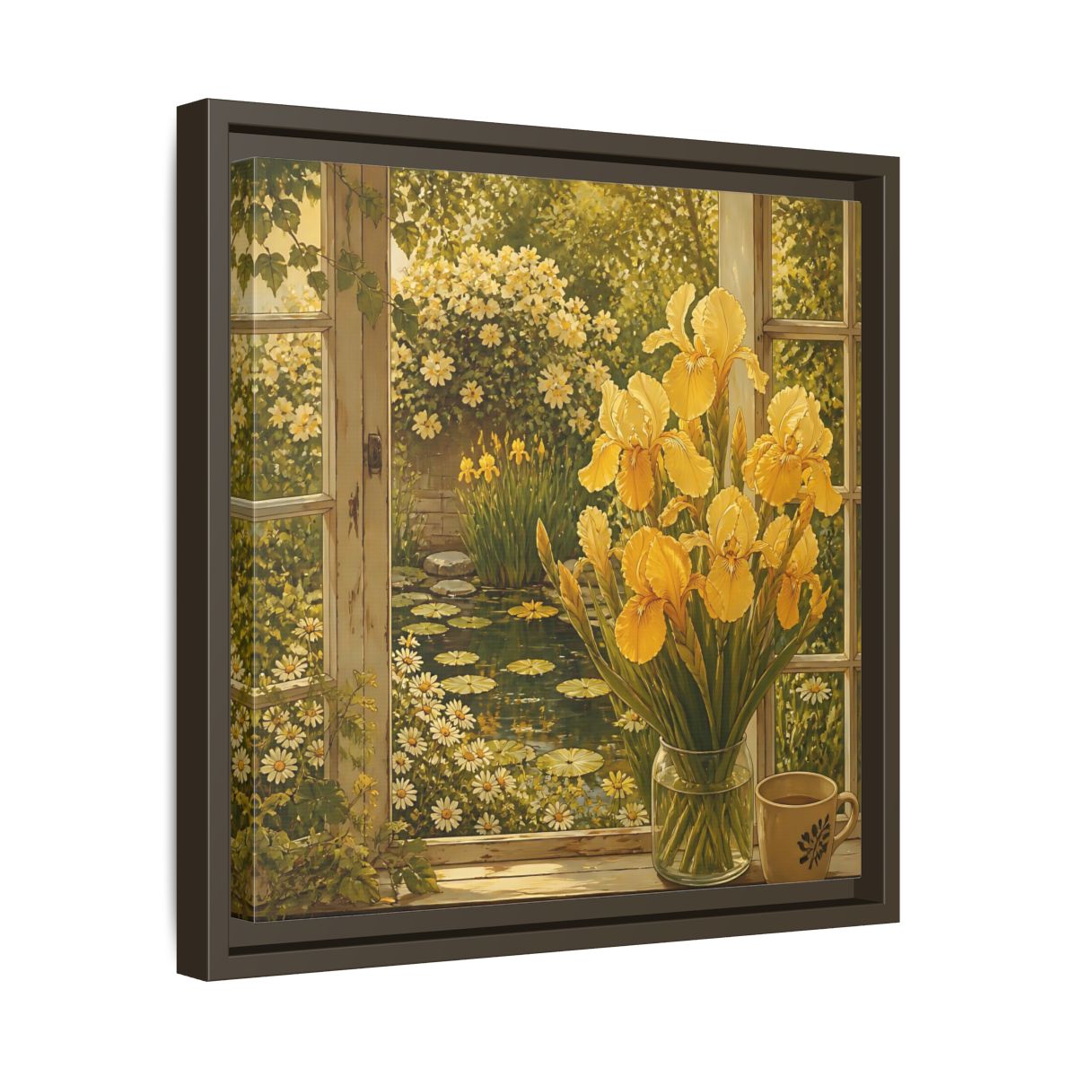 Side Mockup 29. Nature Yellow Irises Yellow Garden Scene shown as stretched canvas wall art