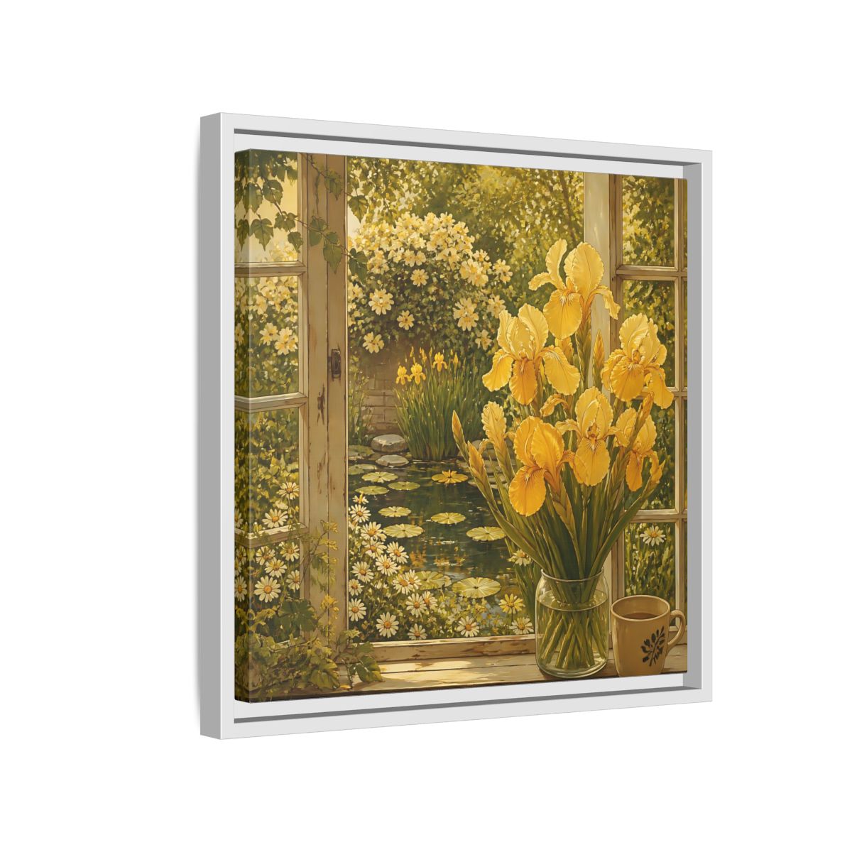 Side Mockup 13. Nature Yellow Irises Yellow Garden Scene shown as stretched canvas wall art