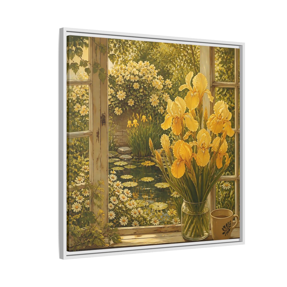 Side Mockup 7. Nature Yellow Irises Yellow Garden Scene shown as stretched canvas wall art