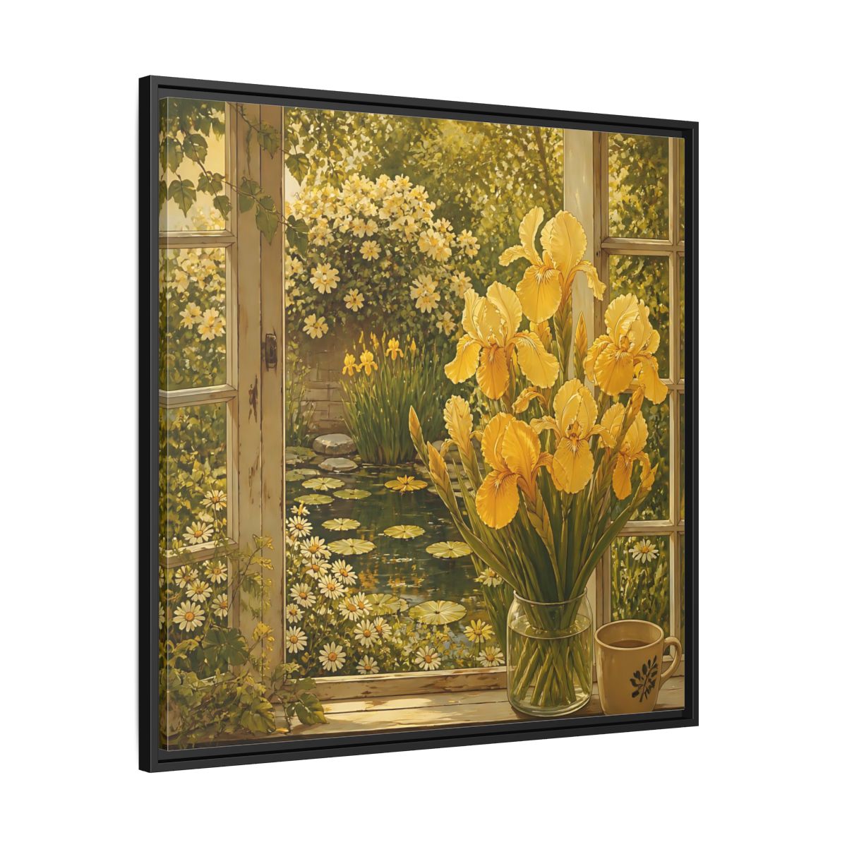 Side Mockup 30. Nature Yellow Irises Yellow Garden Scene shown as stretched canvas wall art
