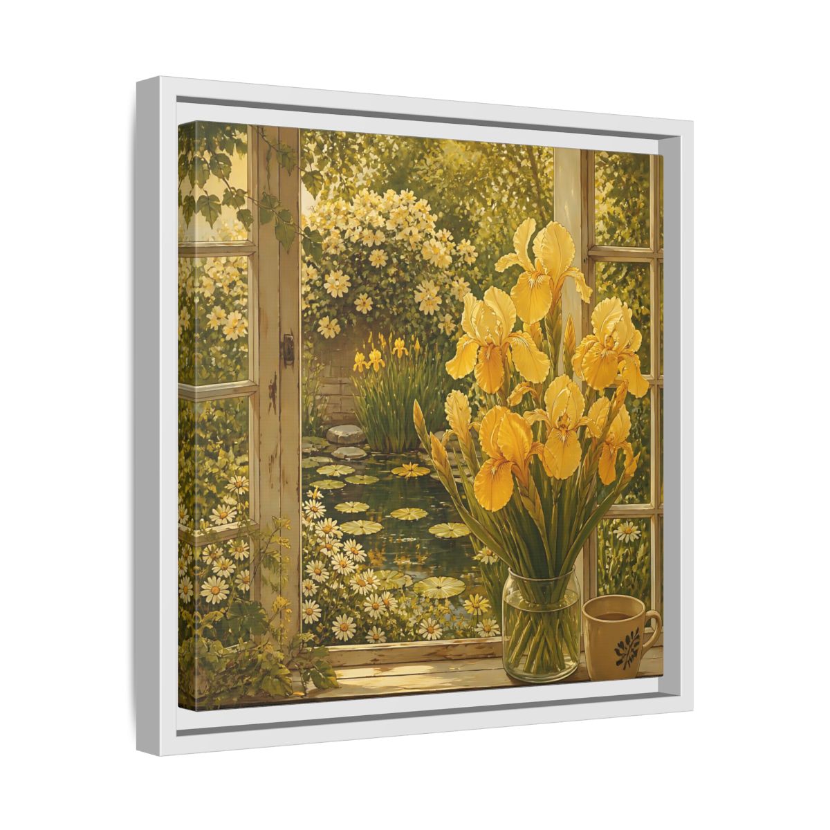 Side Mockup 28. Nature Yellow Irises Yellow Garden Scene shown as stretched canvas wall art