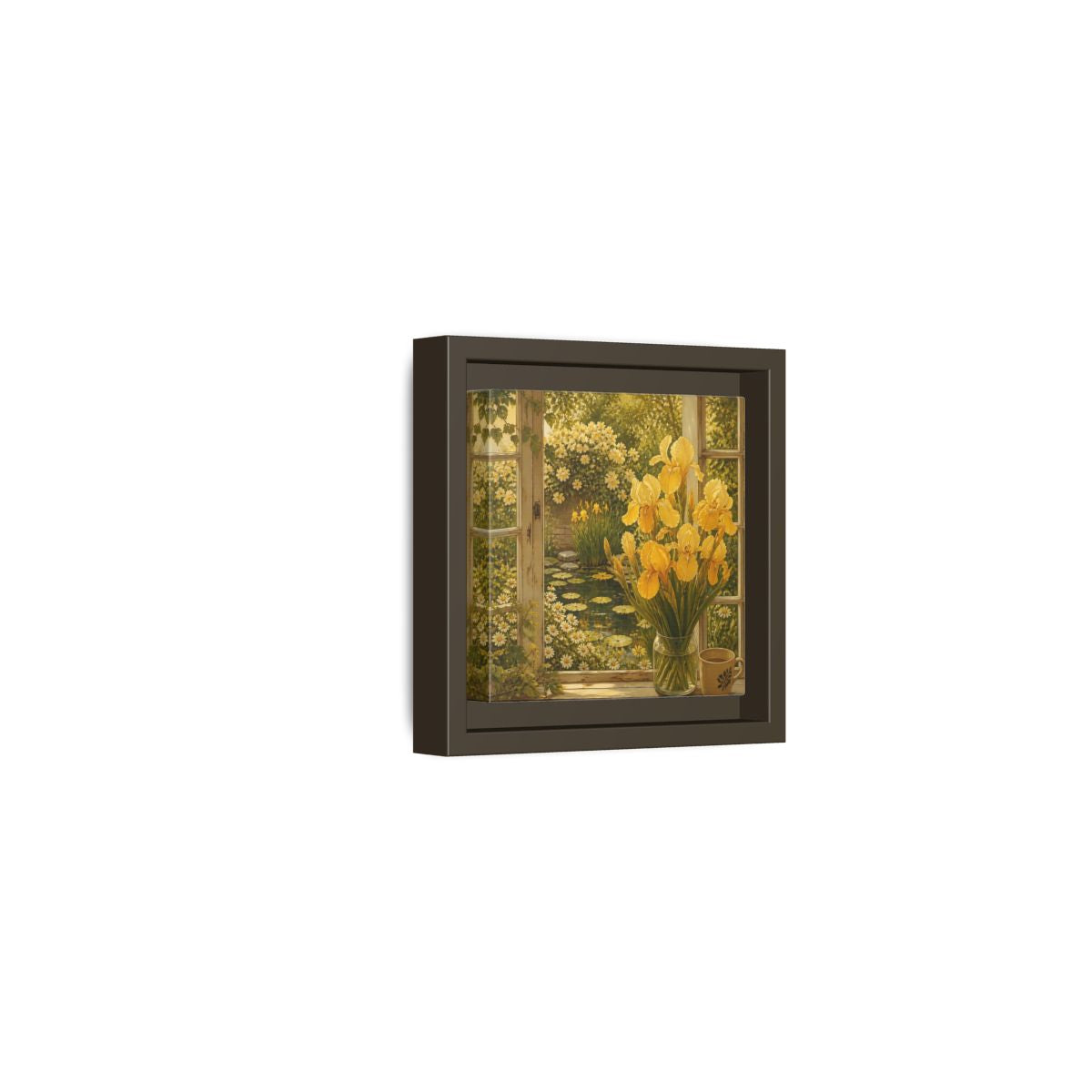 Side Mockup 23. Nature Yellow Irises Yellow Garden Scene shown as stretched canvas wall art