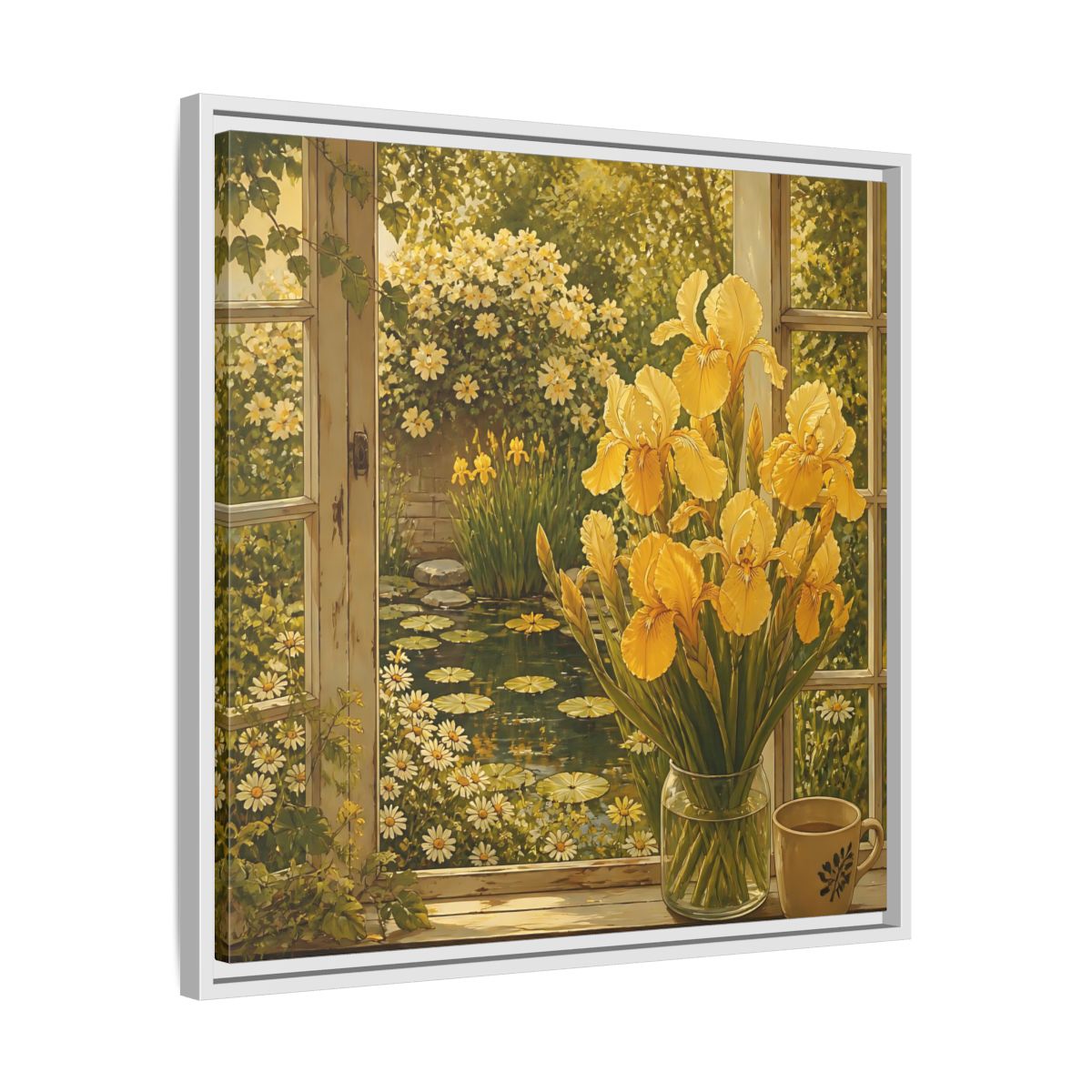 Side Mockup 26. Nature Yellow Irises Yellow Garden Scene shown as stretched canvas wall art
