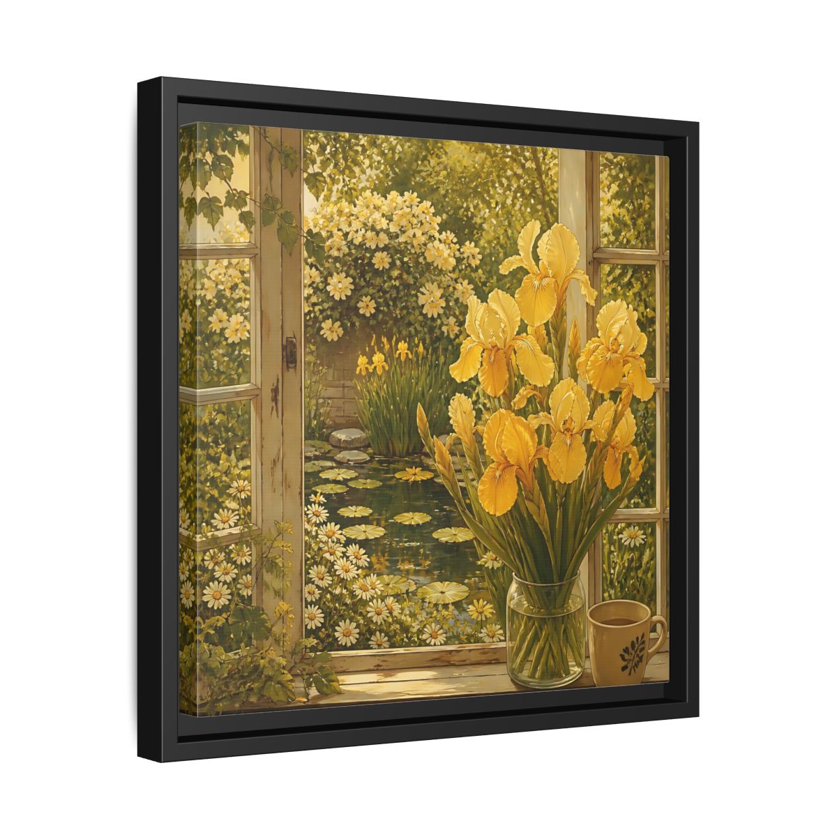 Side Mockup 32. Nature Yellow Irises Yellow Garden Scene shown as stretched canvas wall art