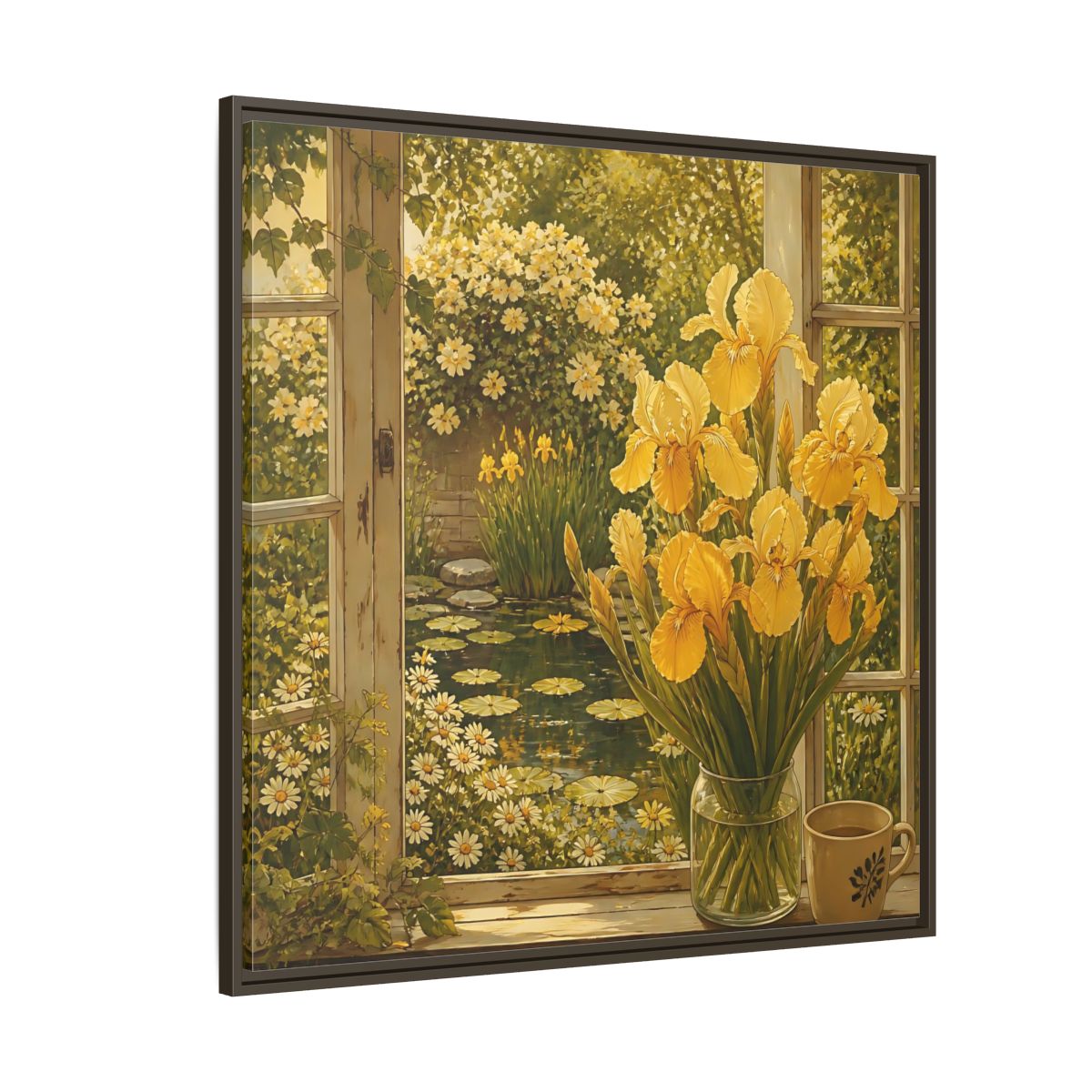 Side Mockup 5. Nature Yellow Irises Yellow Garden Scene shown as stretched canvas wall art