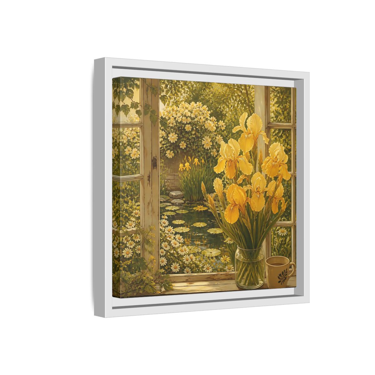 Side Mockup 16. Nature Yellow Irises Yellow Garden Scene shown as stretched canvas wall art