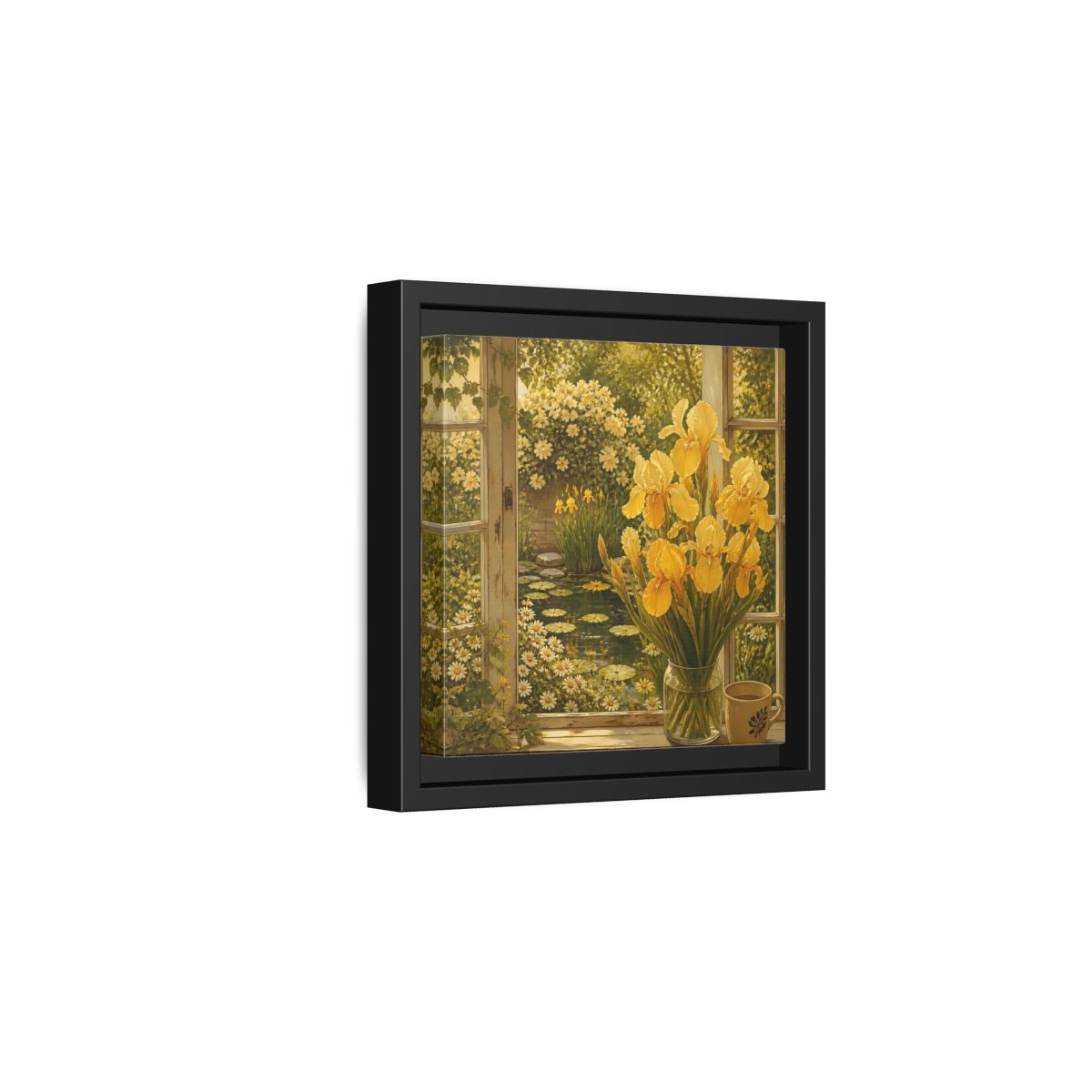 Side Mockup 3. Nature Yellow Irises Yellow Garden Scene shown as stretched canvas wall art