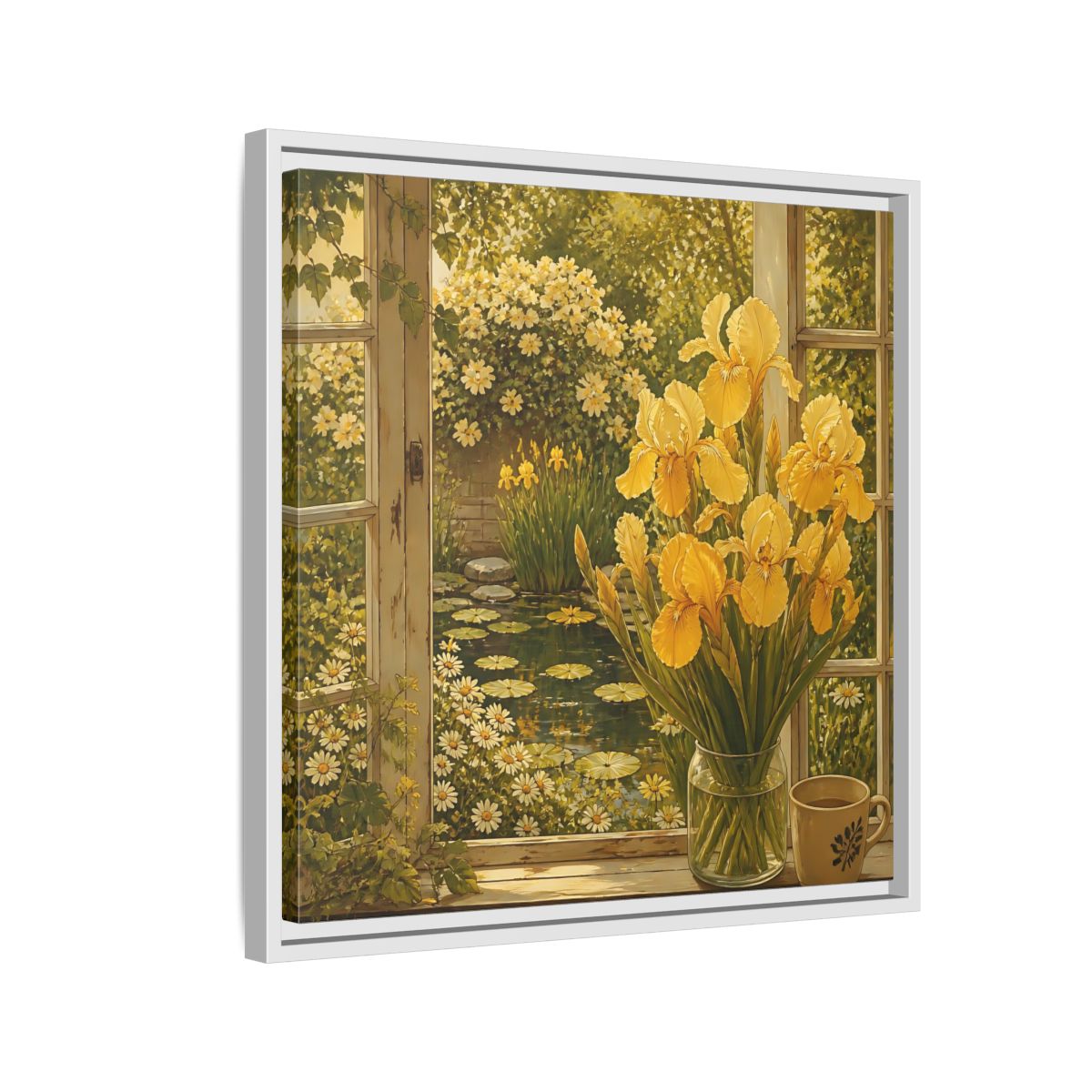 Side Mockup 10. Nature Yellow Irises Yellow Garden Scene shown as stretched canvas wall art