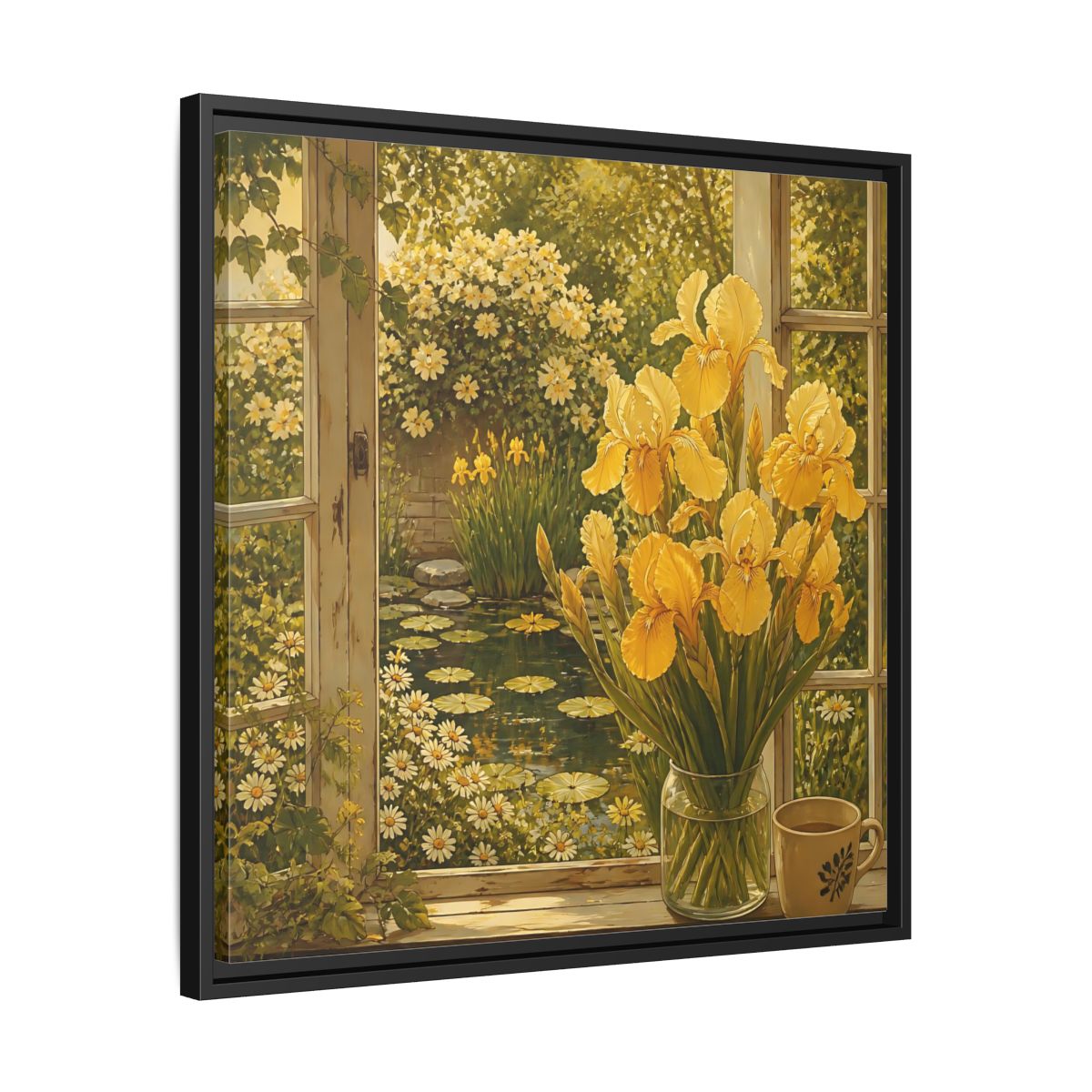 Side Mockup 31. Nature Yellow Irises Yellow Garden Scene shown as stretched canvas wall art