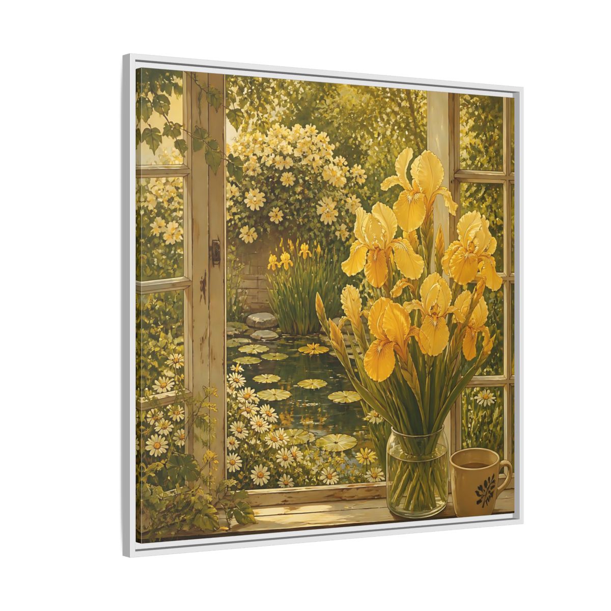 Side Mockup 4. Nature Yellow Irises Yellow Garden Scene shown as stretched canvas wall art