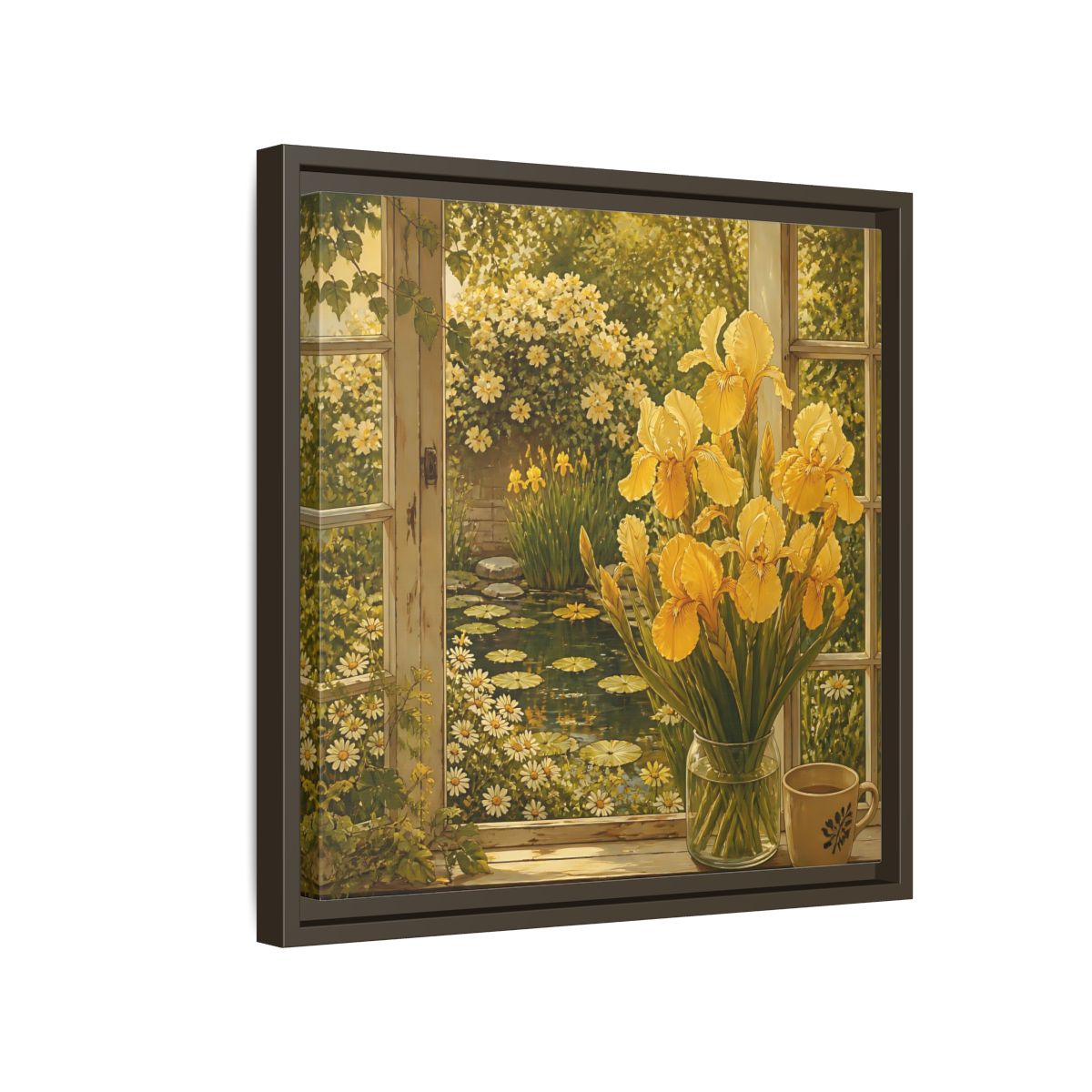 Side Mockup 14. Nature Yellow Irises Yellow Garden Scene shown as stretched canvas wall art