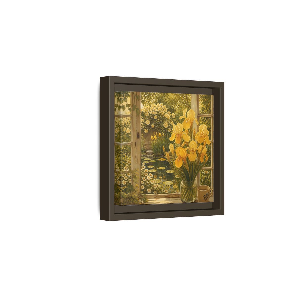 Side Mockup 2. Nature Yellow Irises Yellow Garden Scene shown as stretched canvas wall art